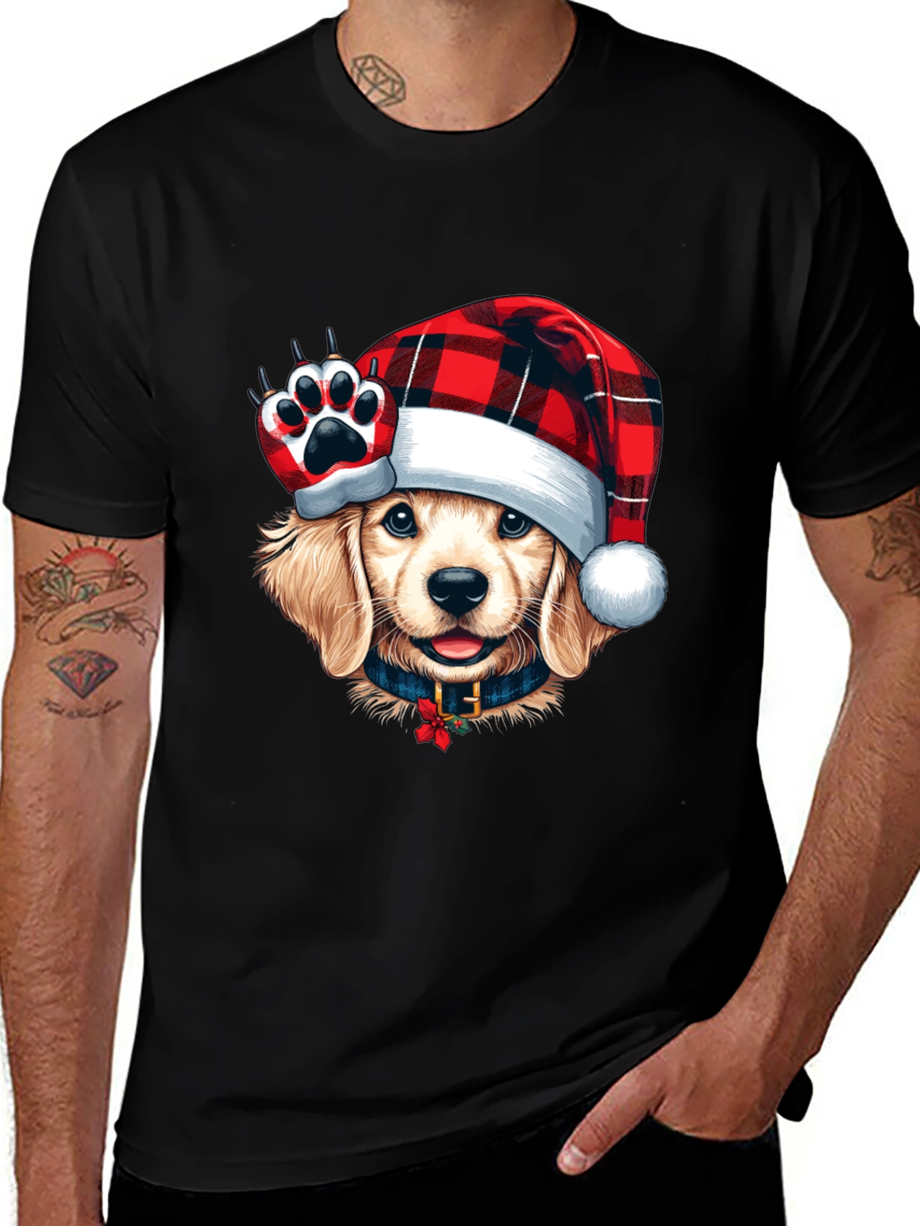 Dog in Santa Hat Black T-Shirt