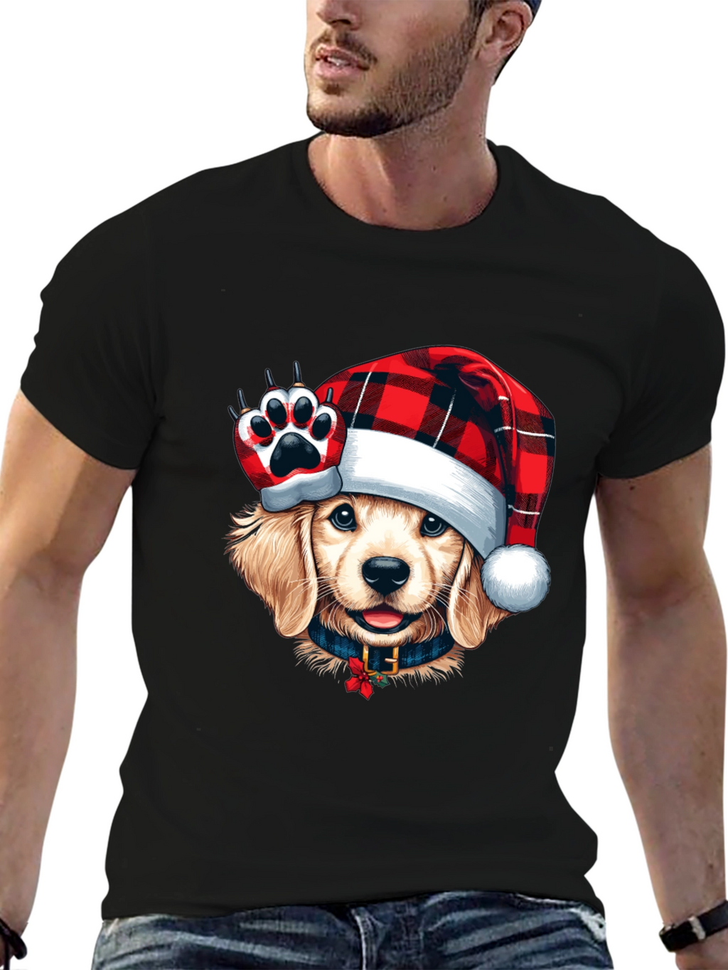 Dog in Santa Hat Black T-Shirt