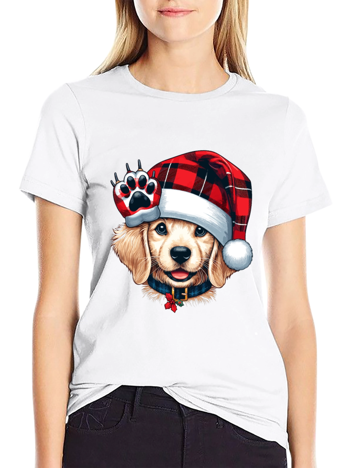 Dog in Santa Hat Black T-Shirt