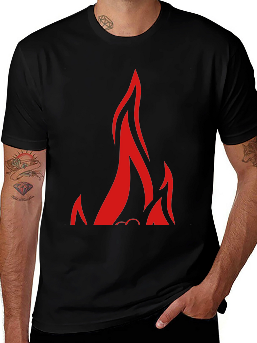 Black T-Shirt with Bold Red Flames Design