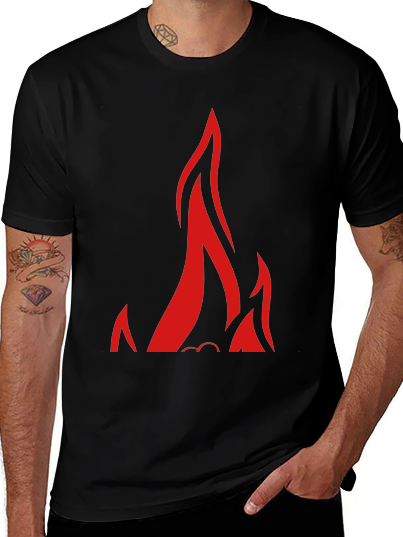 Black T-Shirt with Bold Red Flames Design
