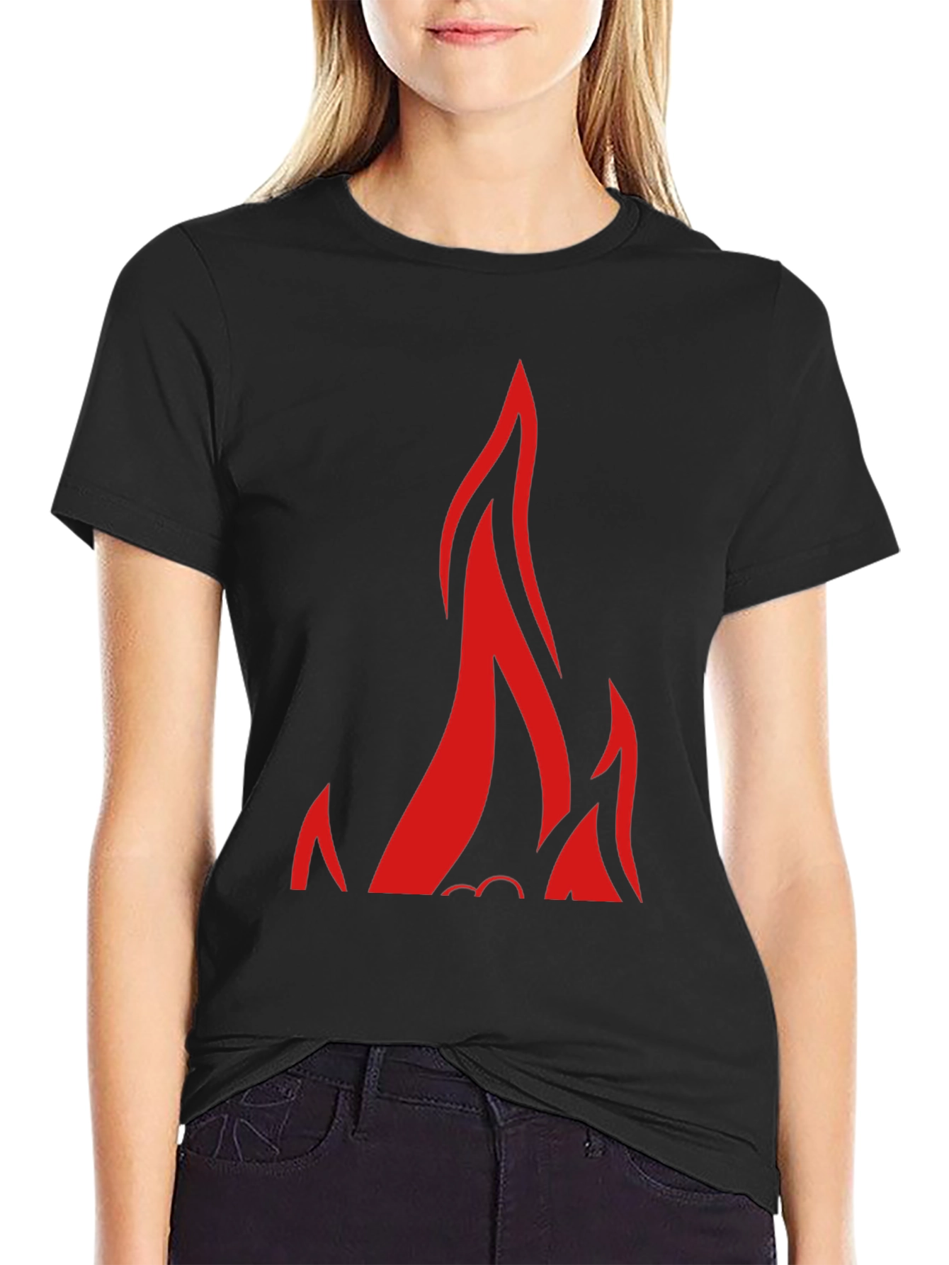 Black T-Shirt with Bold Red Flames Design