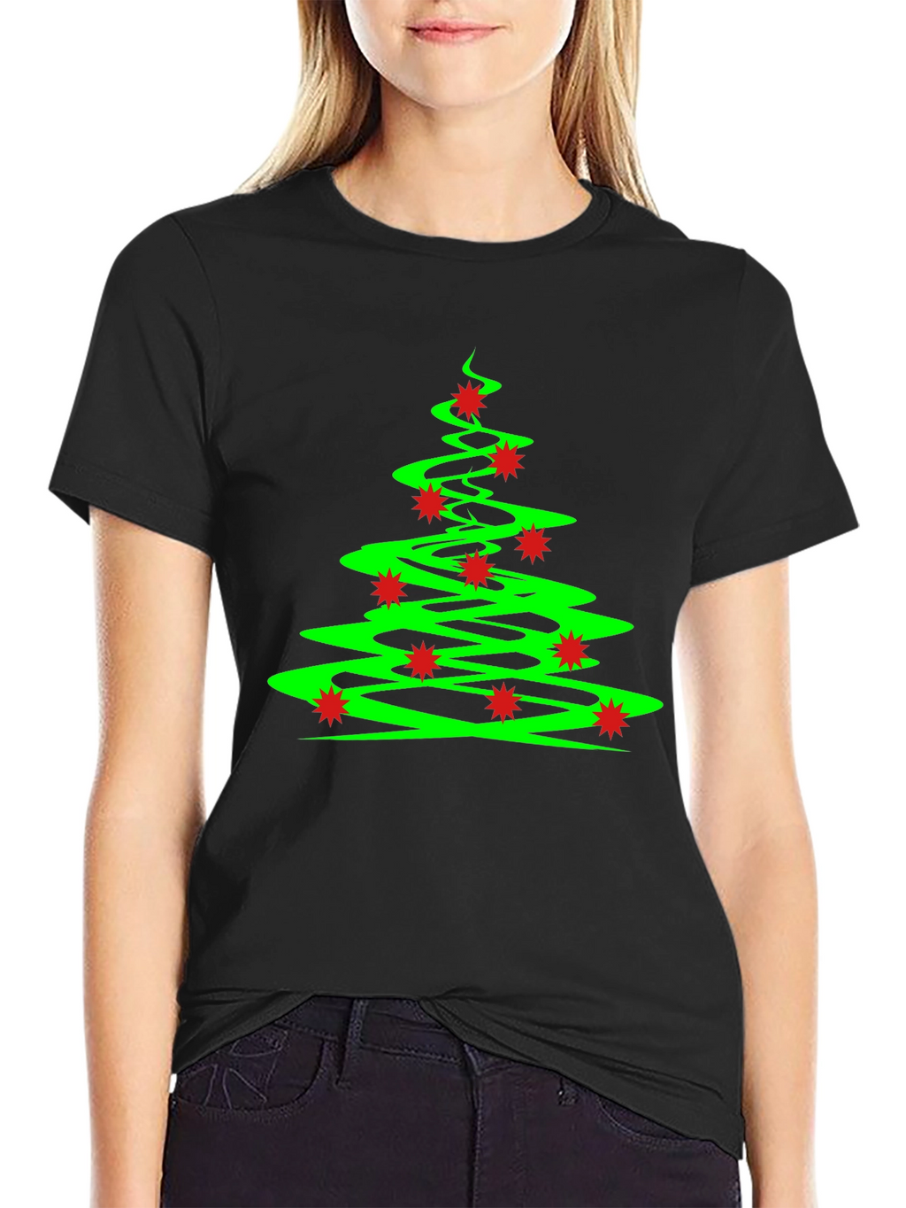 Festive Christmas Tree Graphic Tee - Black Cotton