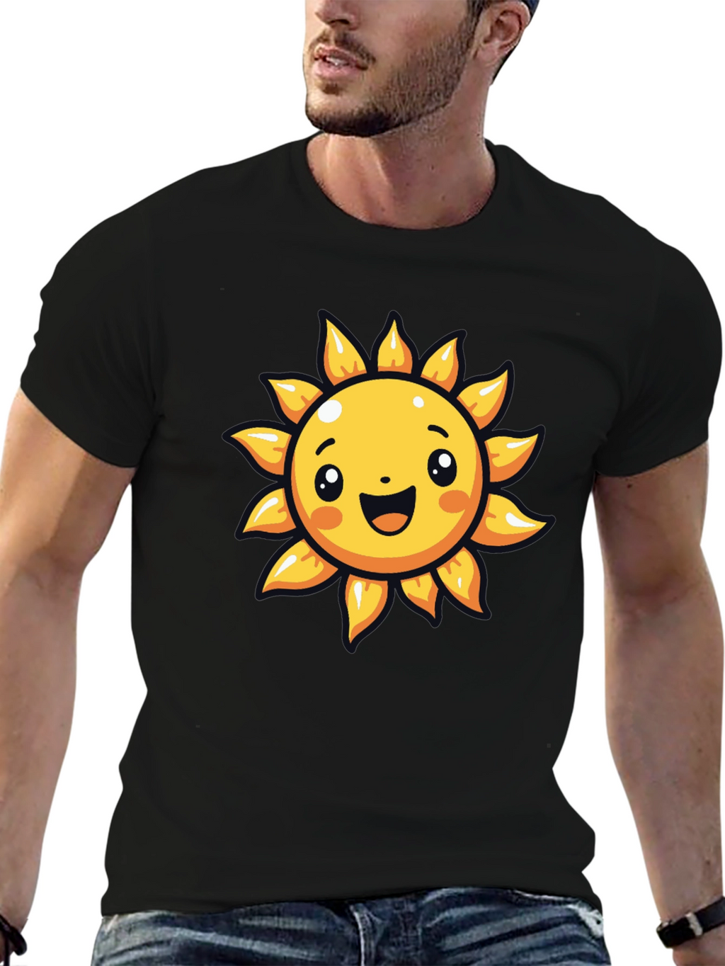 Cheerful Sun Graphic Tee - Black Cotton T-Shirt