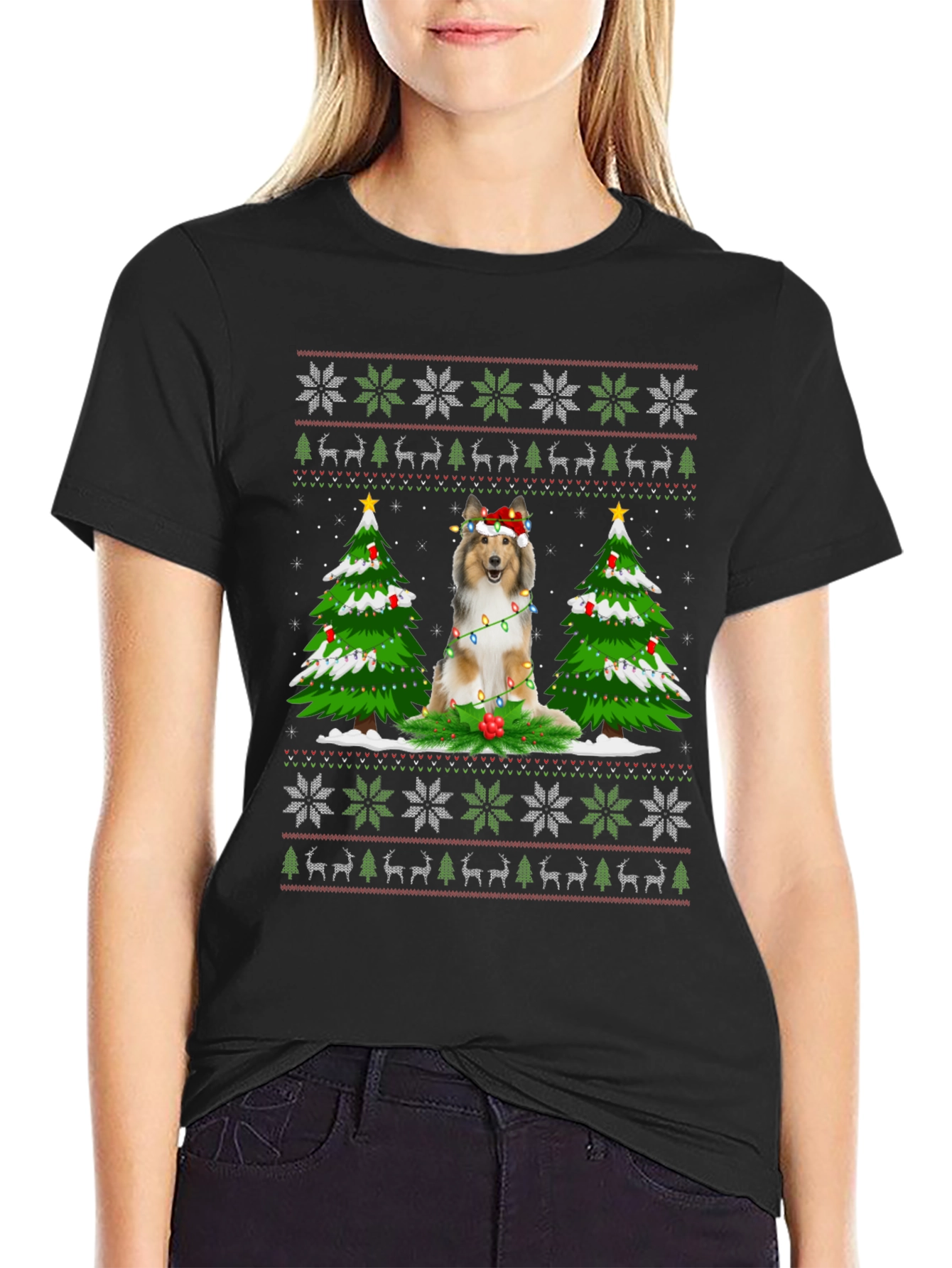 Festive Dog Christmas Ugly Sweater T-Shirt