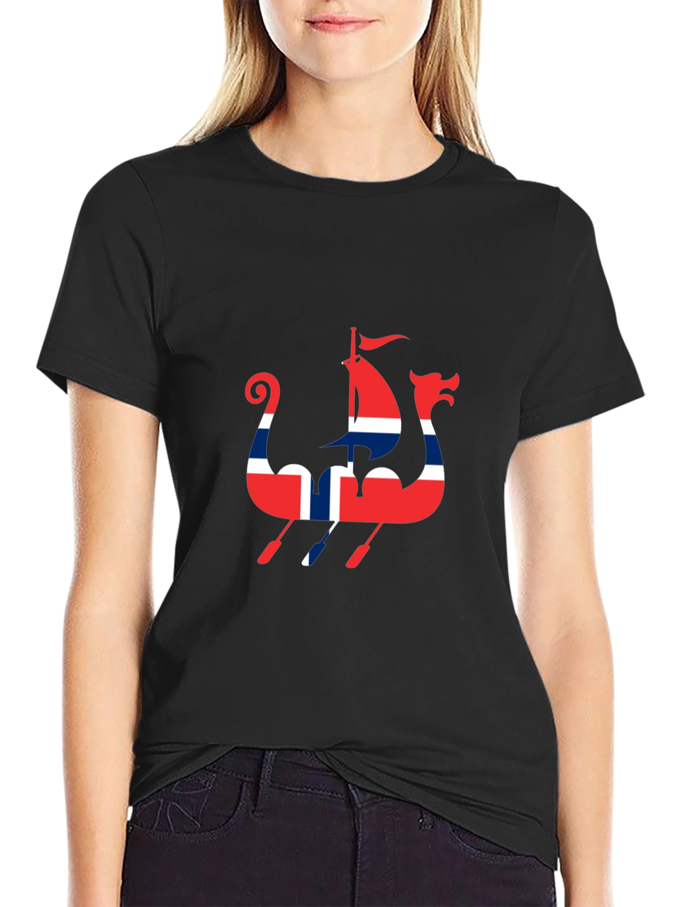 Viking Ship T-Shirt - Black - Norway Flag Design