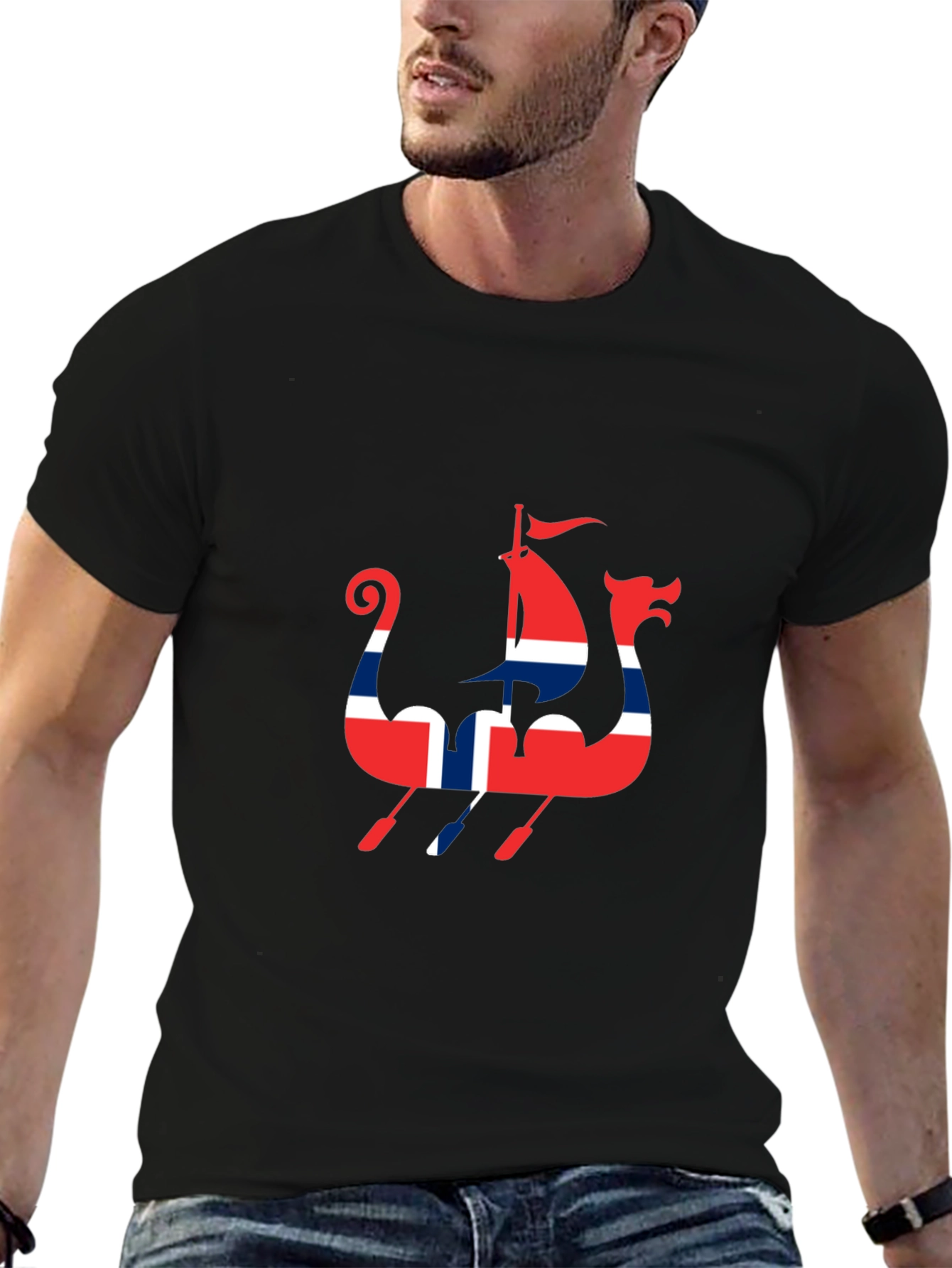 Viking Ship T-Shirt - Black - Norway Flag Design