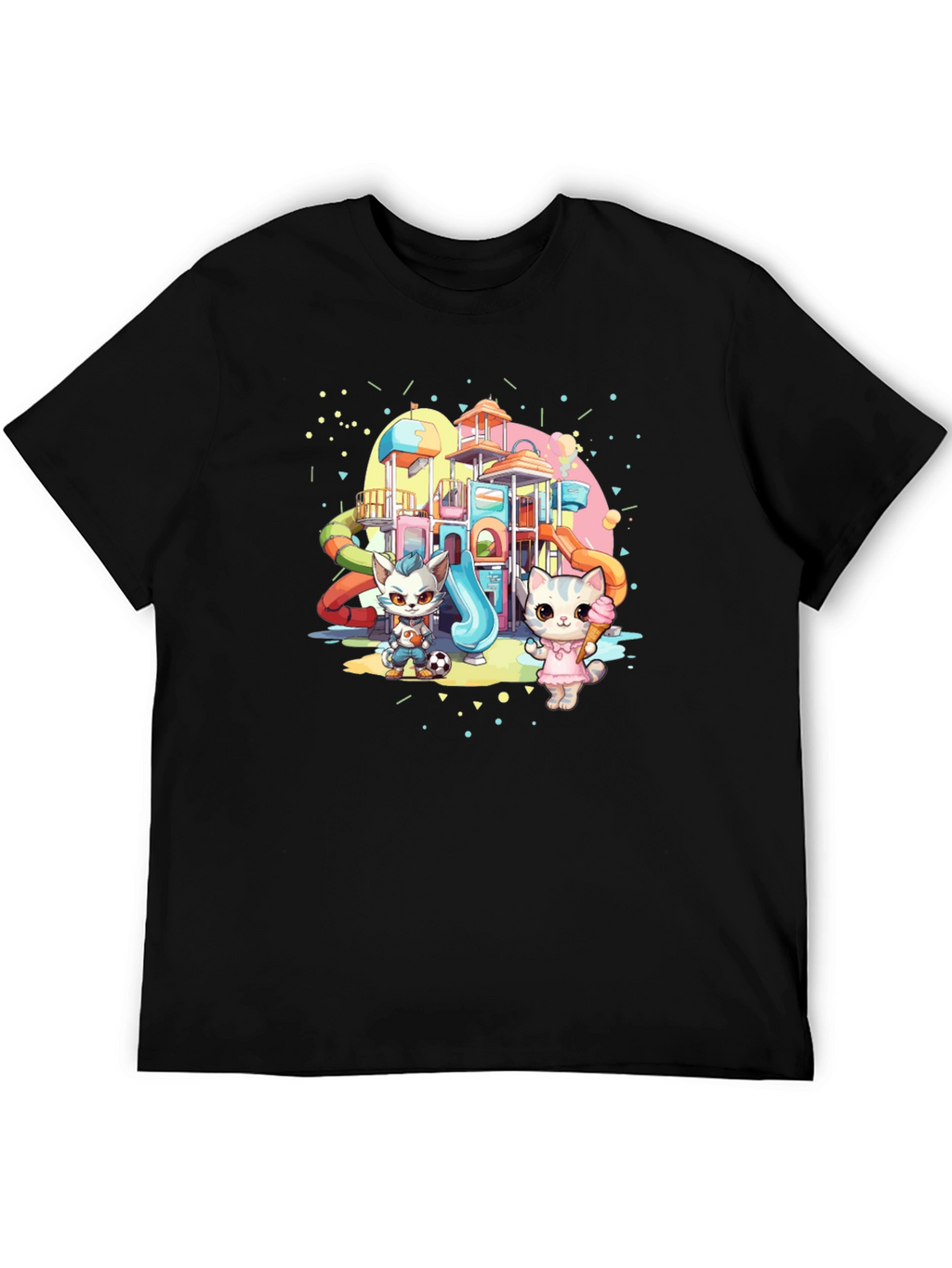 Cute Cartoon Cats on Playground Black T-Shirt