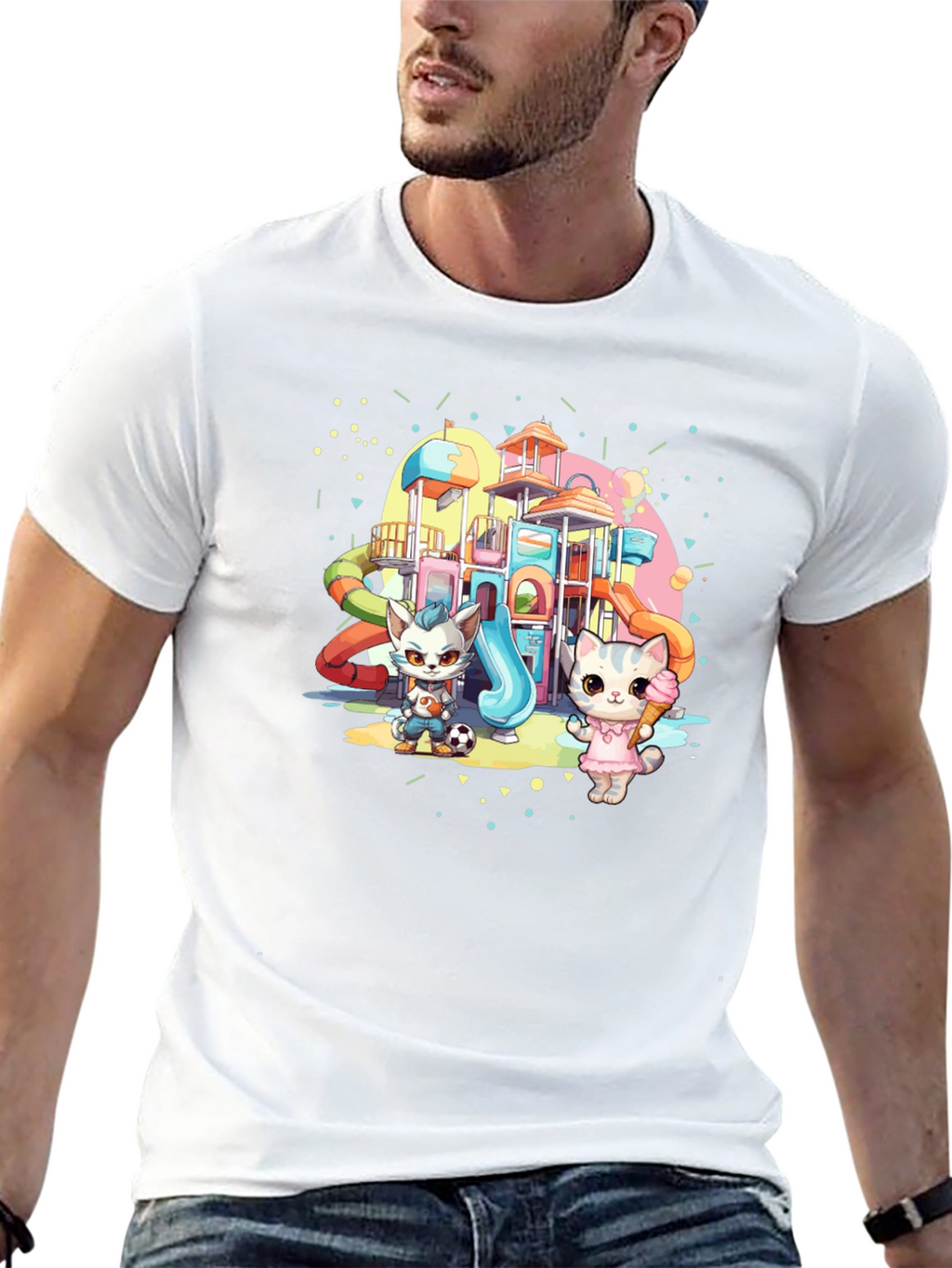 Cute Cartoon Cats on Playground Black T-Shirt