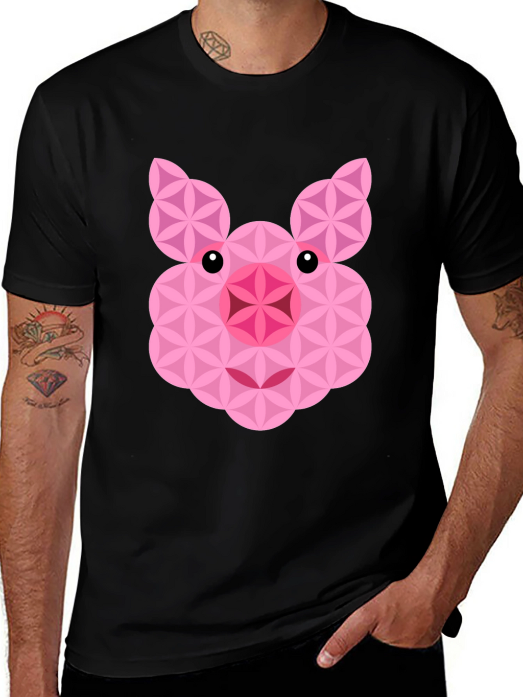 Geometric Pig Graphic Black T-Shirt