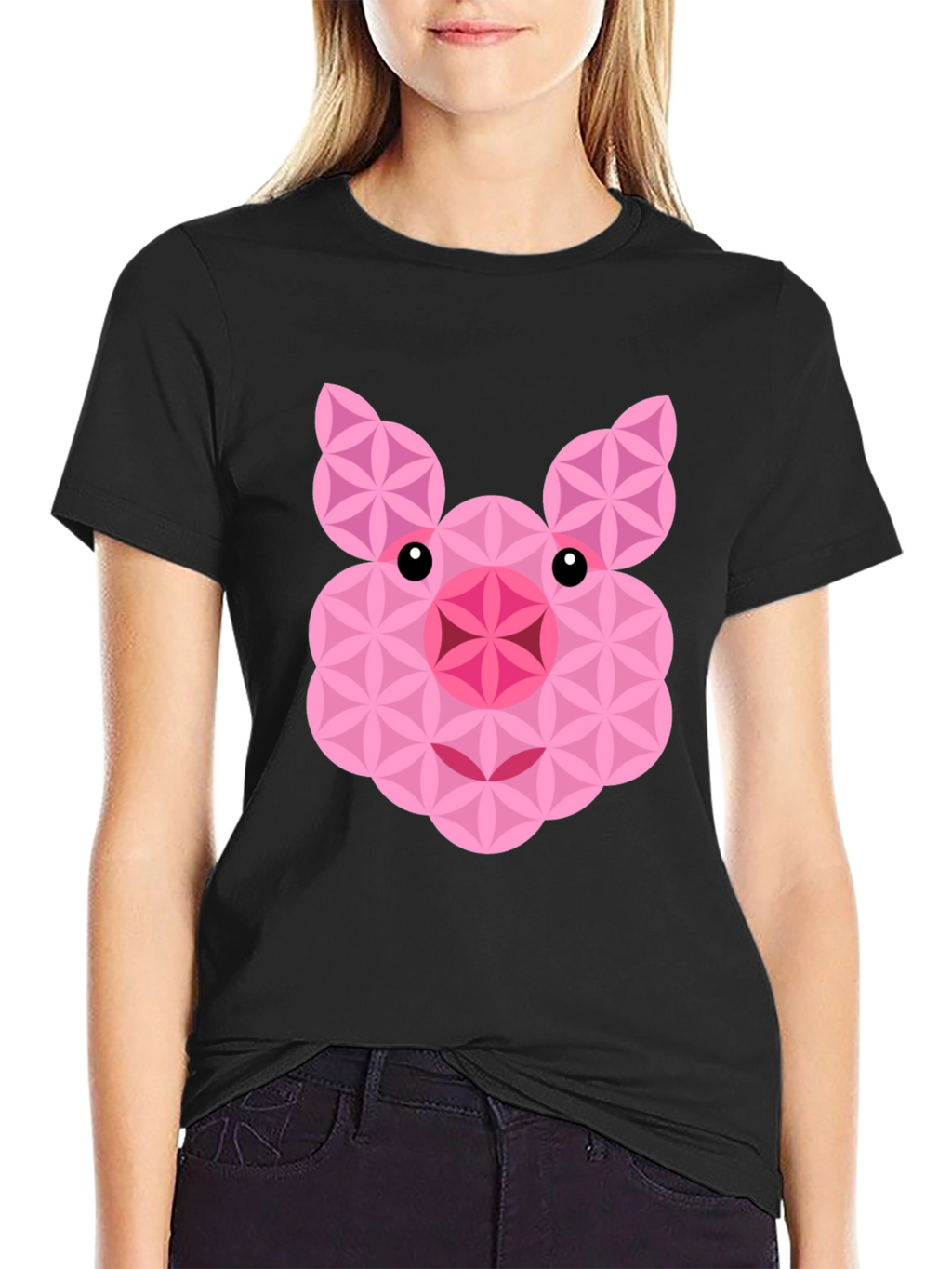 Geometric Pig Graphic Black T-Shirt