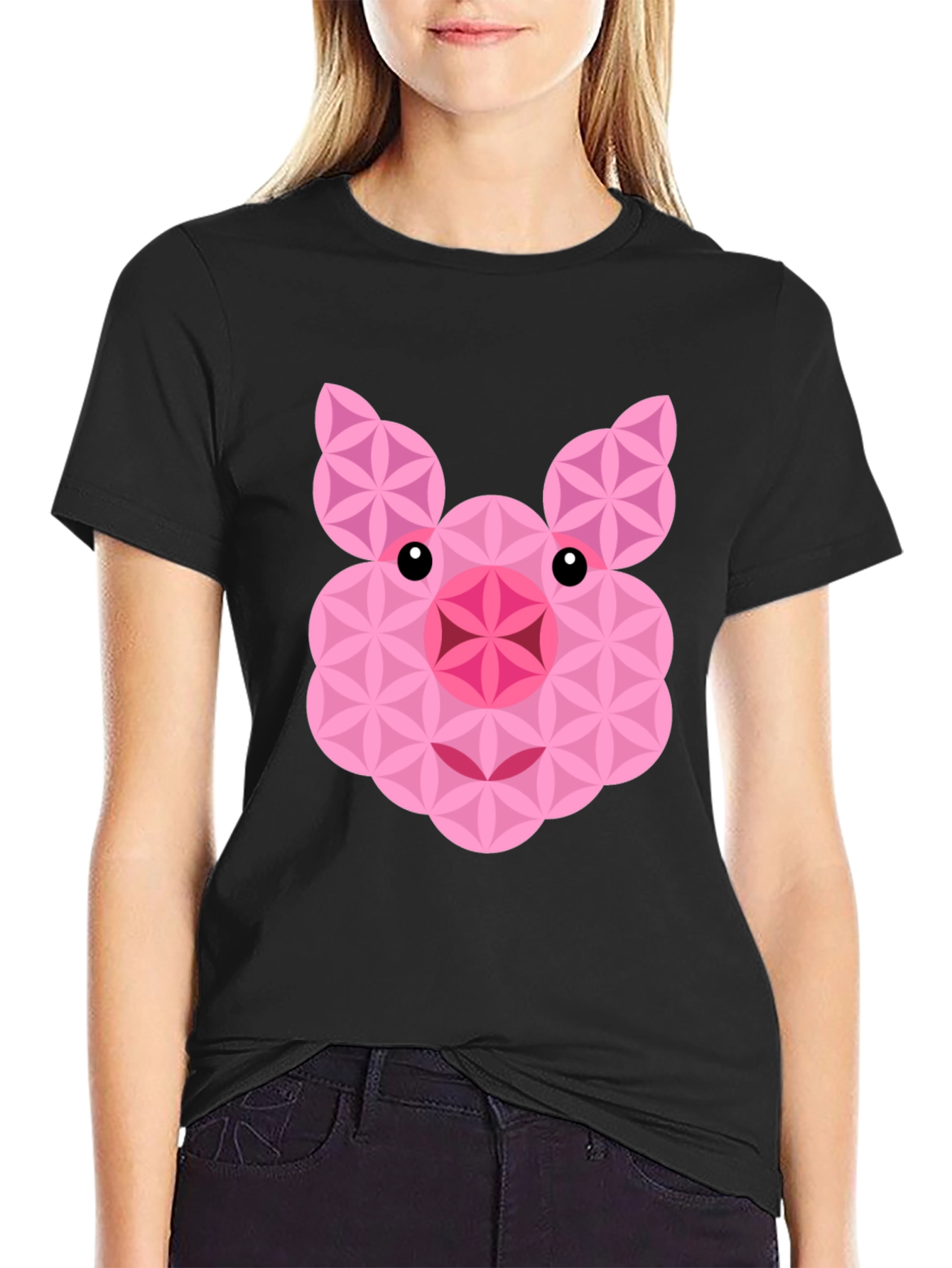 Geometric Pig Graphic Black T-Shirt