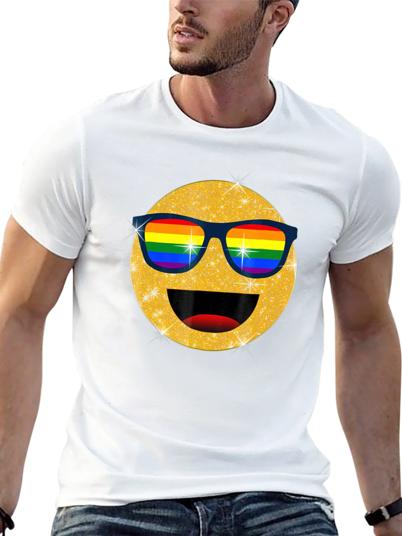 Pride Emoji T-Shirt - Glitter Rainbow Sunglasses Smile Tee