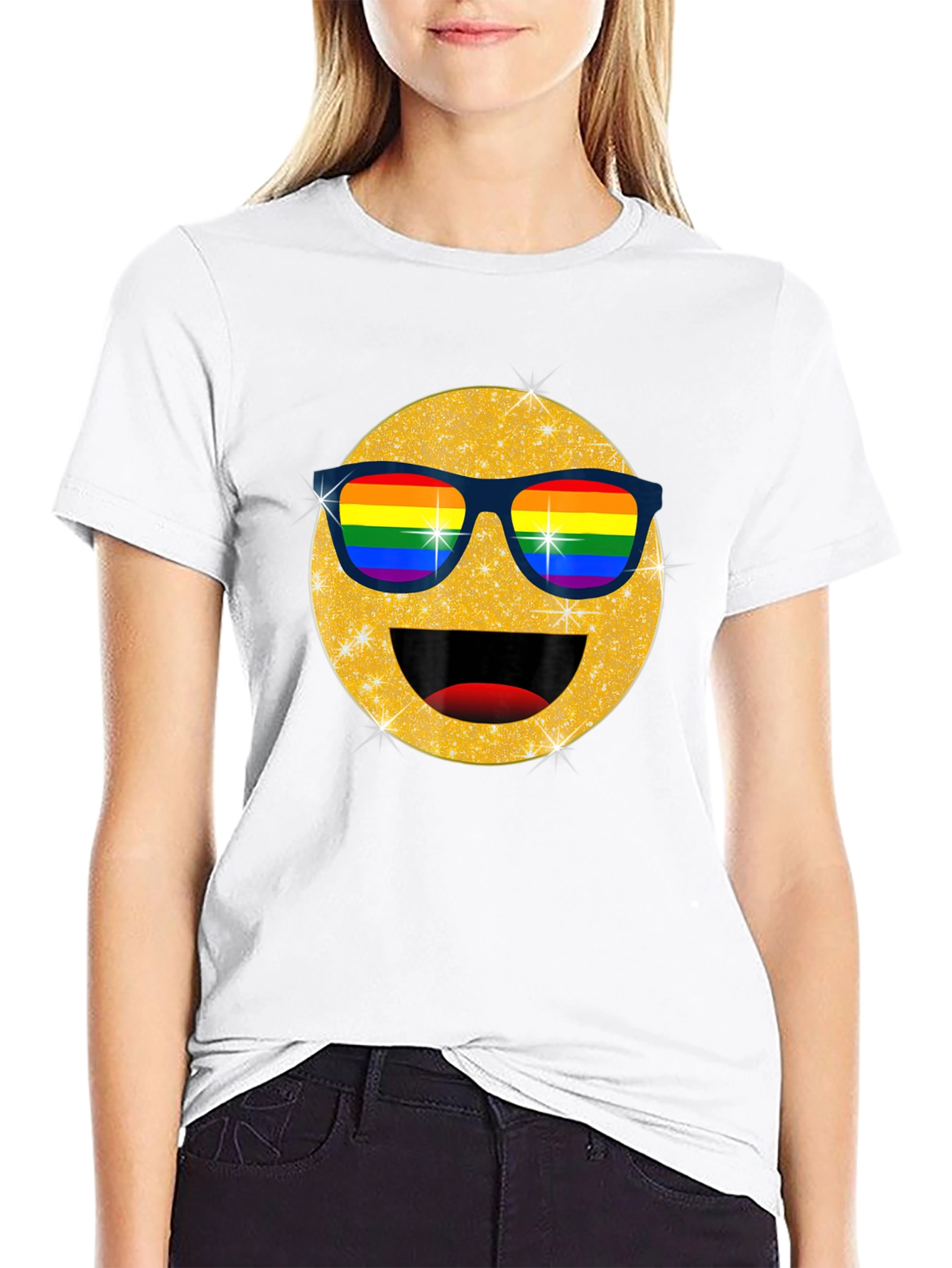 Pride Emoji T-Shirt - Glitter Rainbow Sunglasses Smile Tee