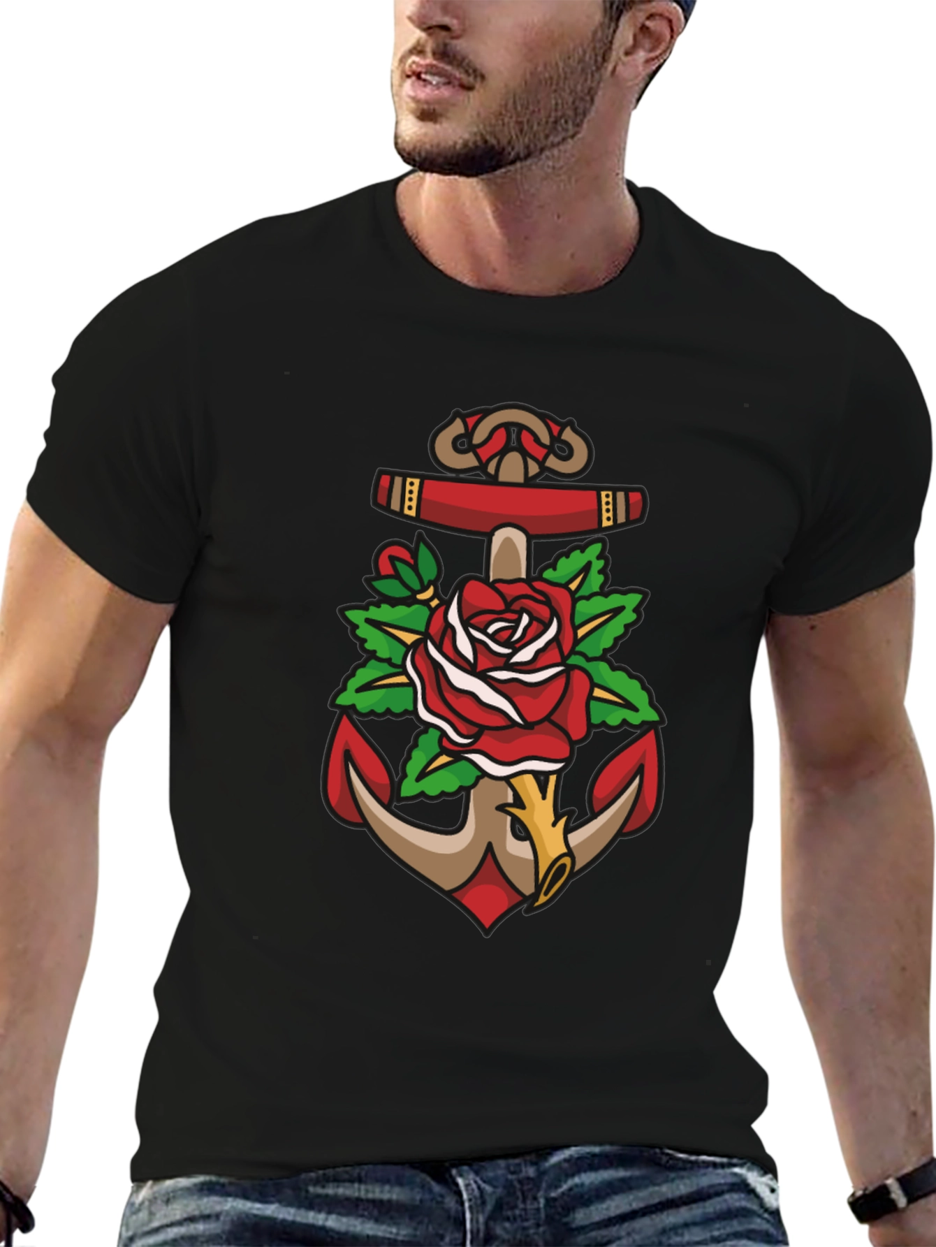 Anchor & Rose Graphic Tee - Bold Nautical Design