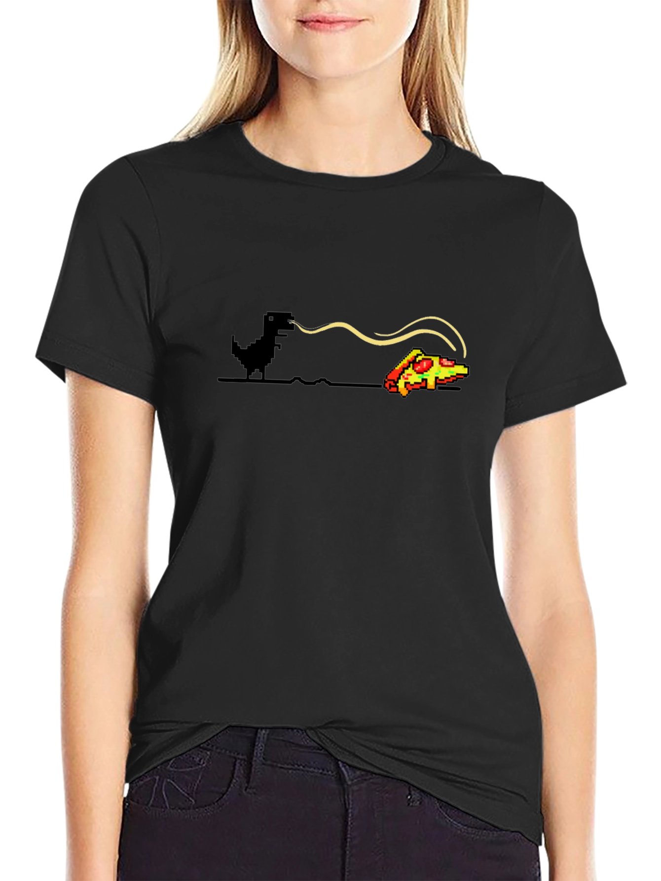 Dino Pizza T-Shirt - Pixel Art Dinosaur Funny Tee