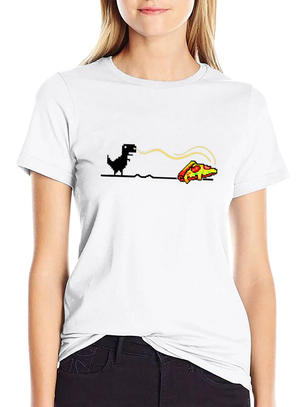 Dino Pizza T-Shirt - Pixel Art Dinosaur Funny Tee
