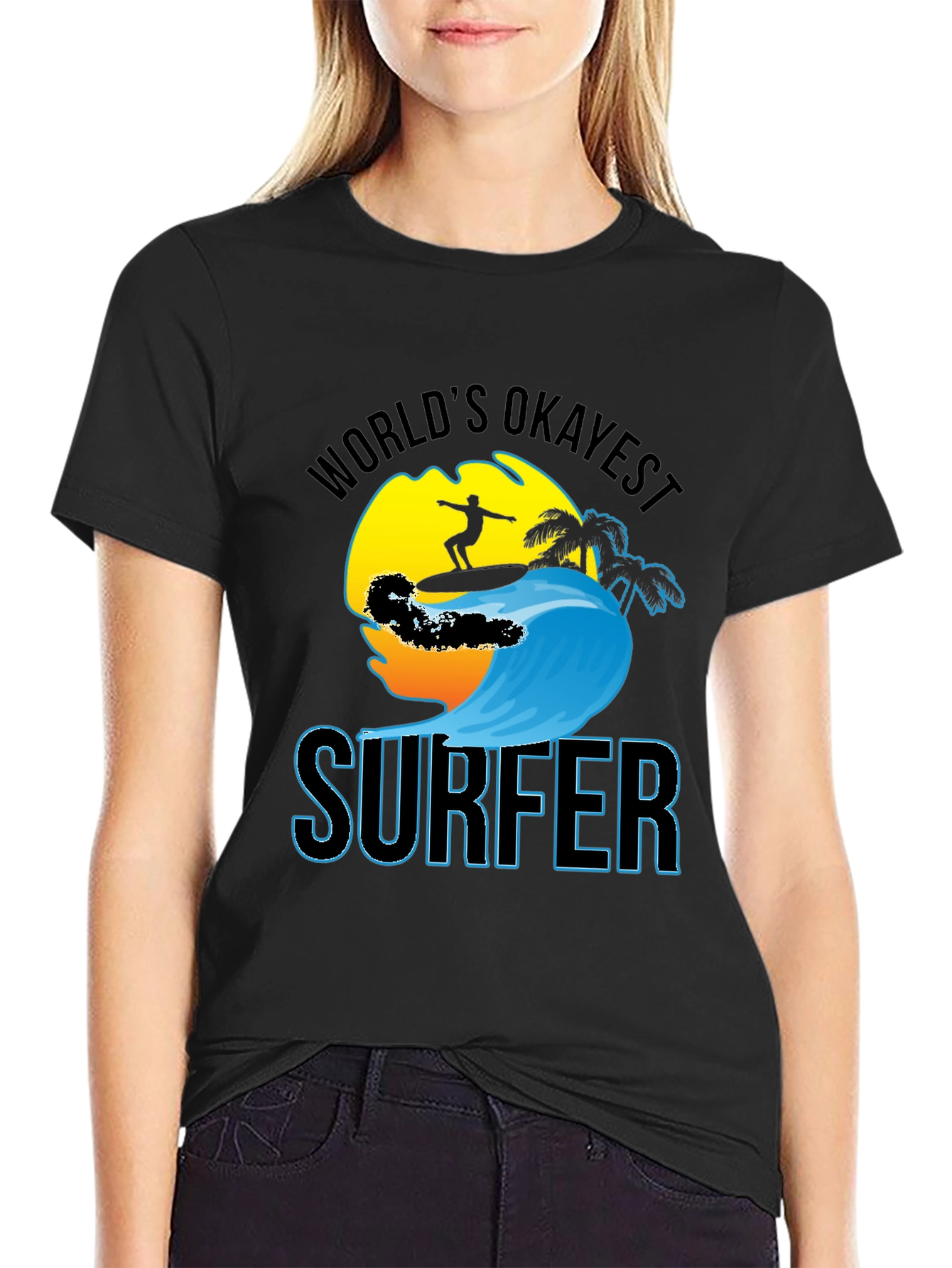 Worlds Okayest Surfer Black Cotton T-Shirt