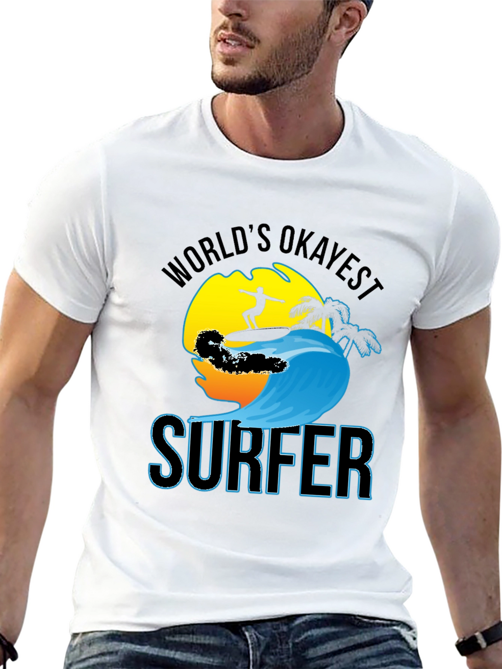 Worlds Okayest Surfer Black Cotton T-Shirt