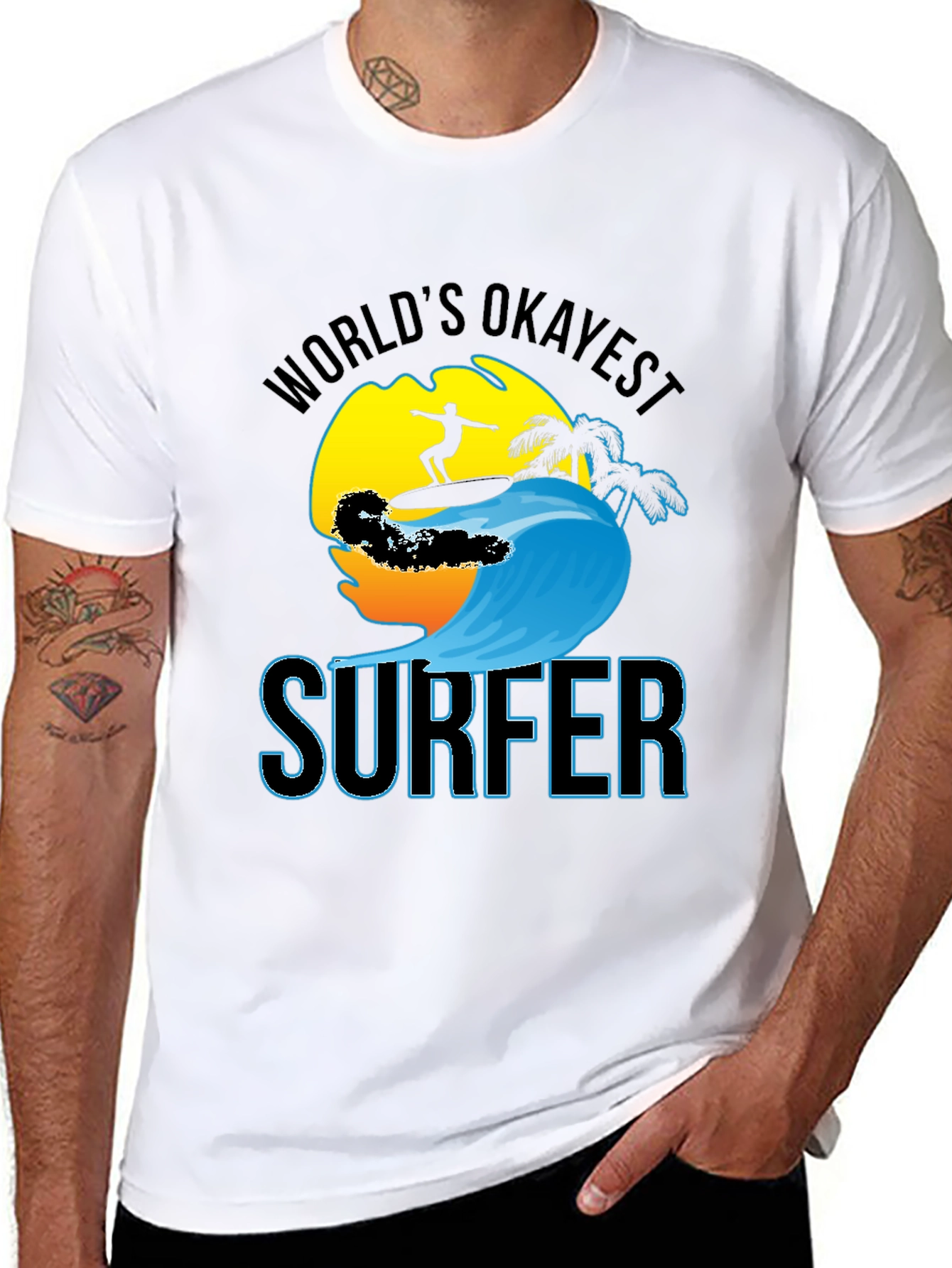 Worlds Okayest Surfer Black Cotton T-Shirt
