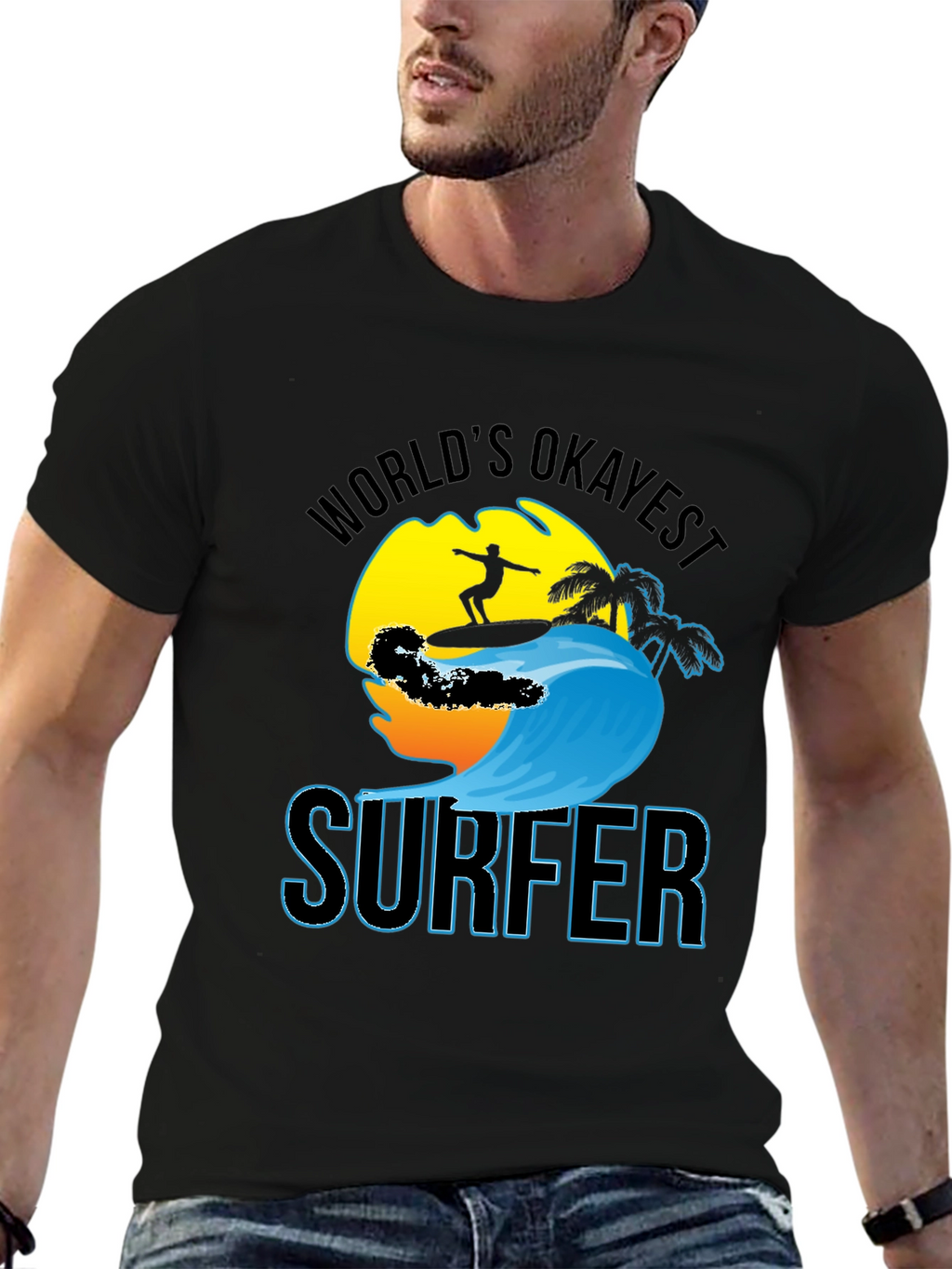 Worlds Okayest Surfer Black Cotton T-Shirt