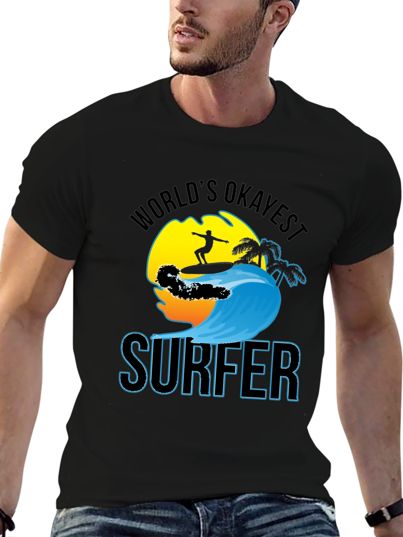 Worlds Okayest Surfer Black Cotton T-Shirt