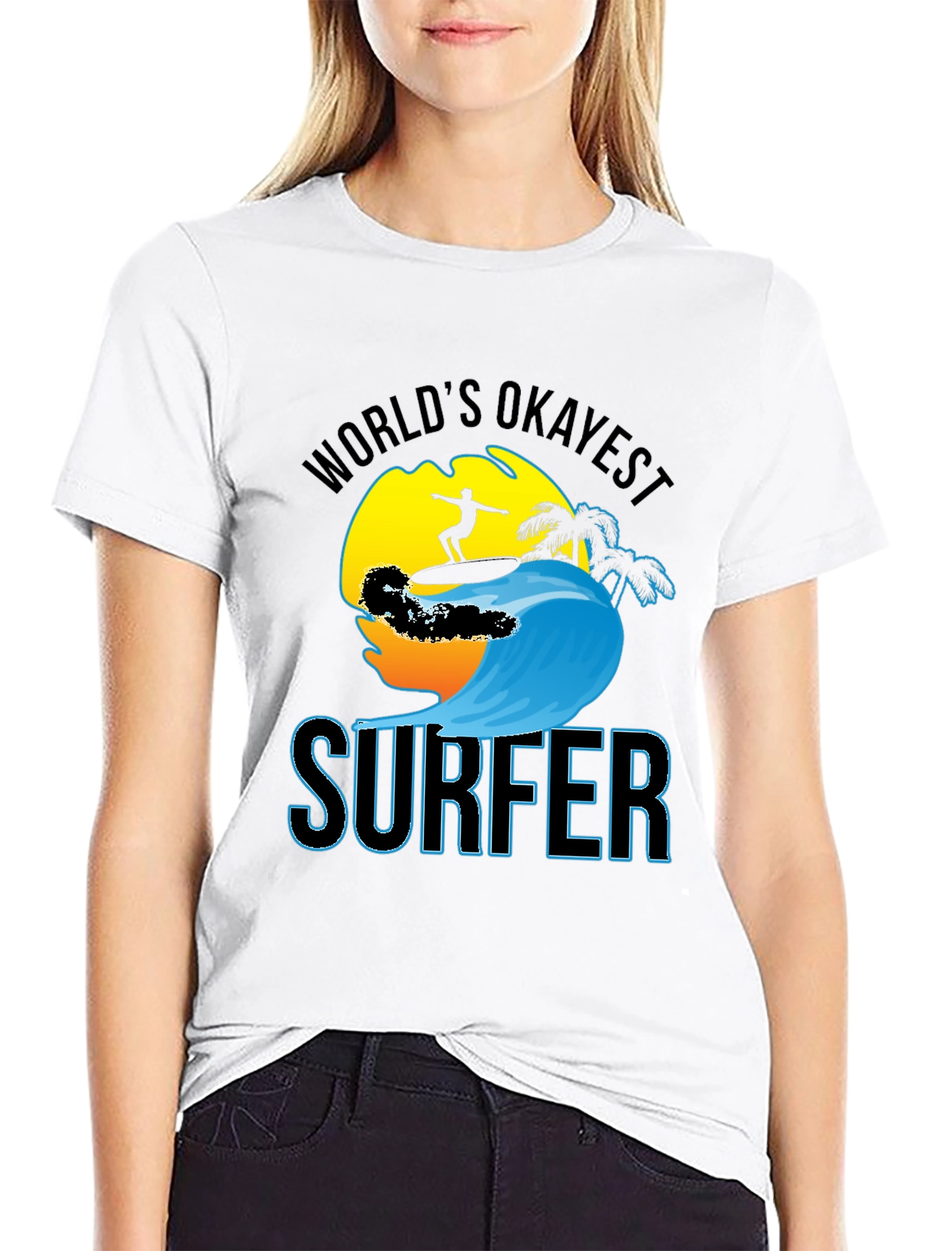 Worlds Okayest Surfer Black Cotton T-Shirt