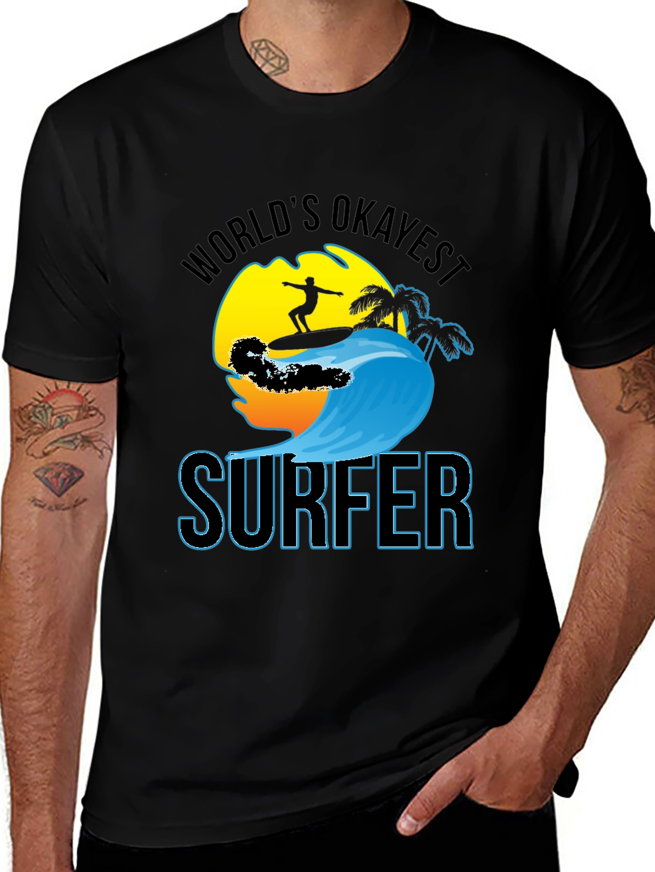 Worlds Okayest Surfer Black Cotton T-Shirt