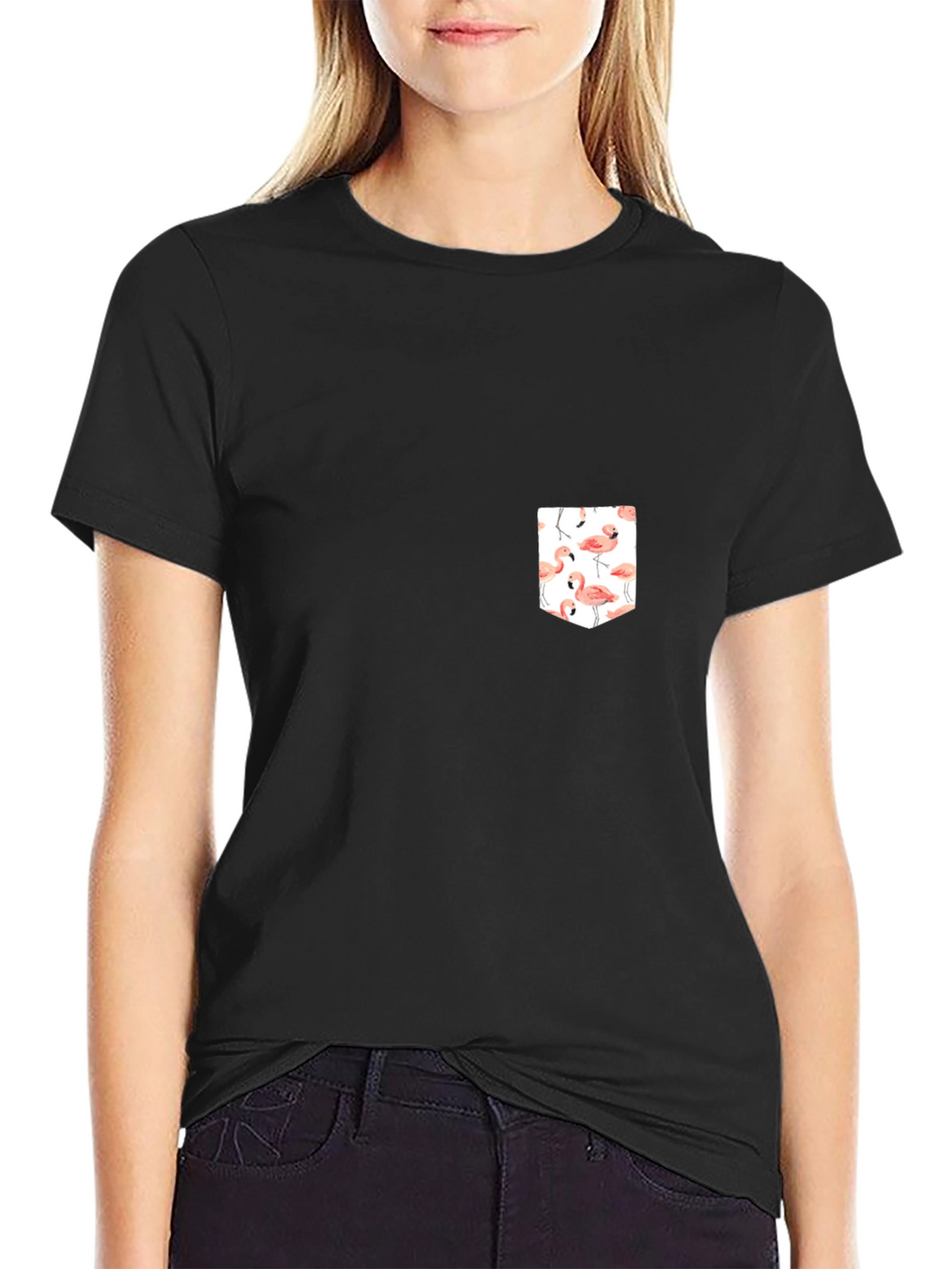 Black T-Shirt with Flamingo Pocket