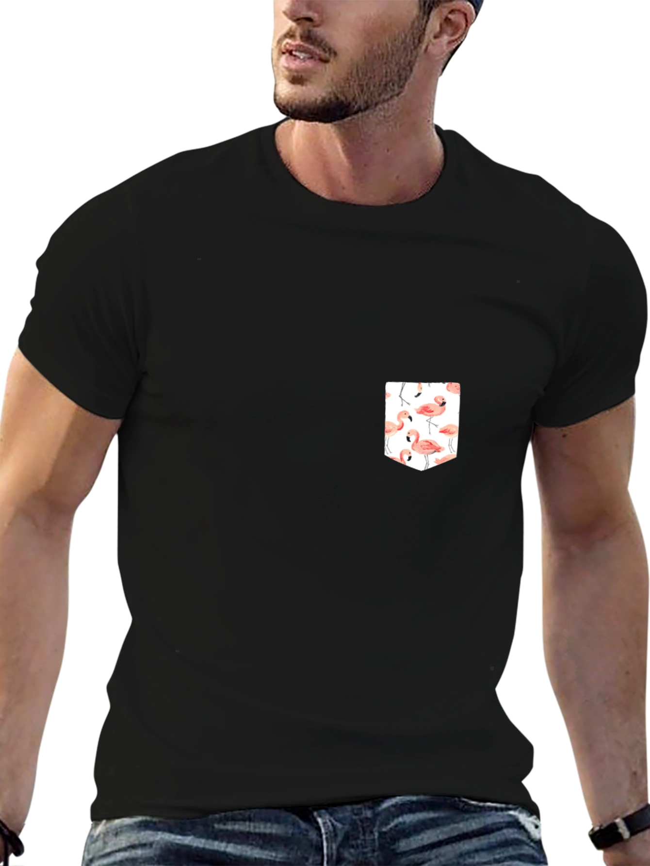 Black T-Shirt with Flamingo Pocket