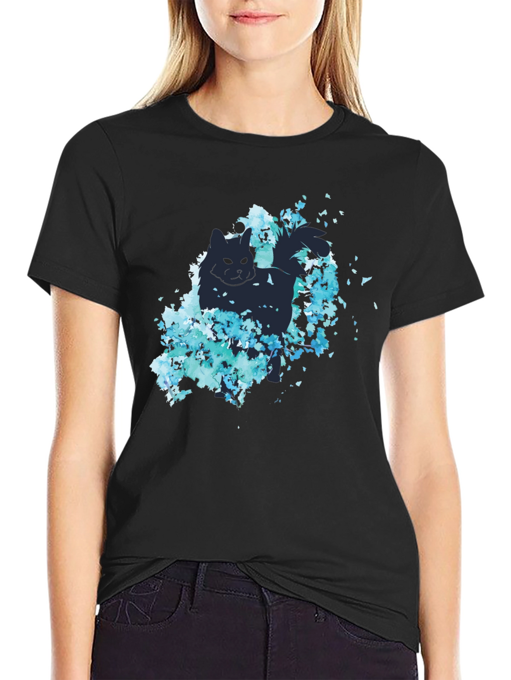 Cat Silhouette Floral T-Shirt - Stylish Black Tee