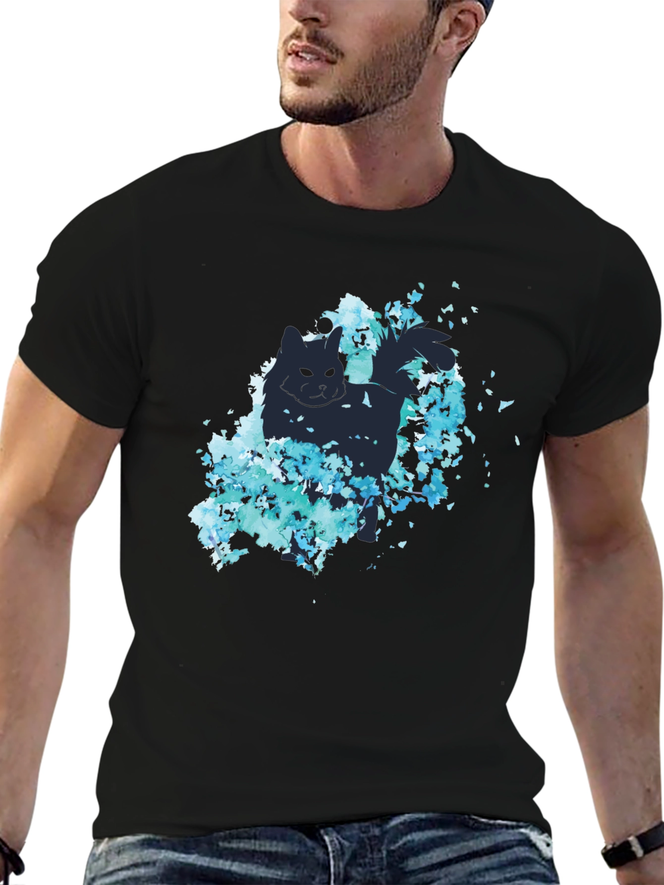 Cat Silhouette Floral T-Shirt - Stylish Black Tee