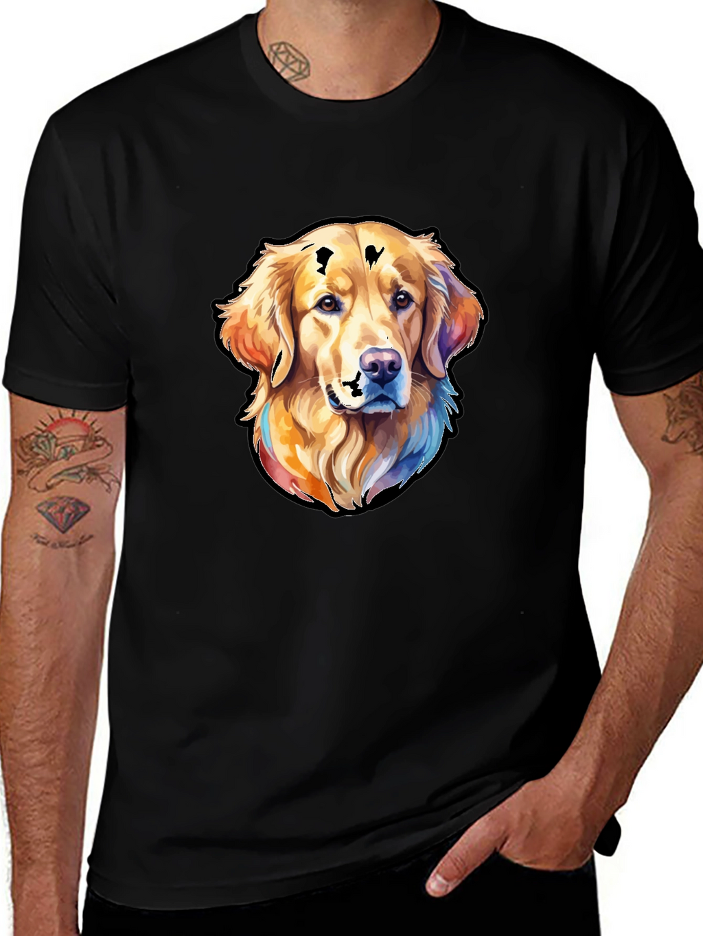 Golden Retriever Dog Graphic Tee - Black Cotton Blend