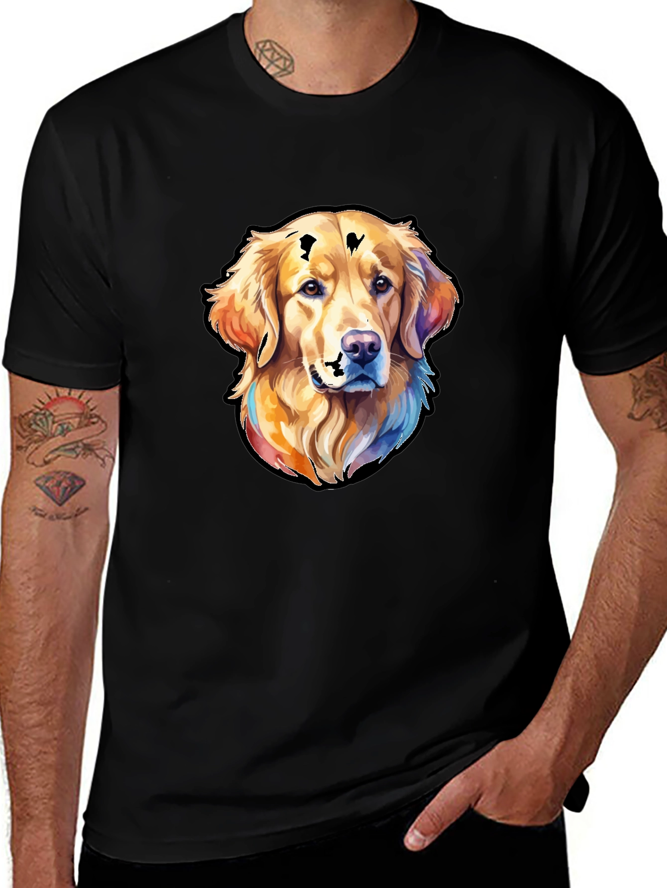 Golden Retriever Dog Graphic Tee - Black Cotton Blend