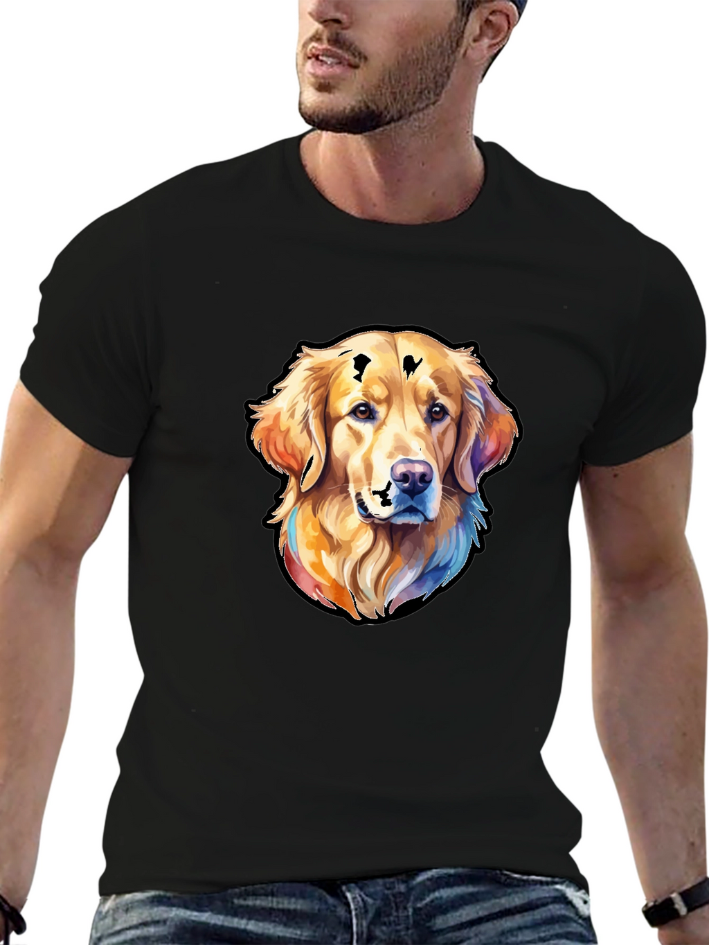 Golden Retriever Dog Graphic Tee - Black Cotton Blend