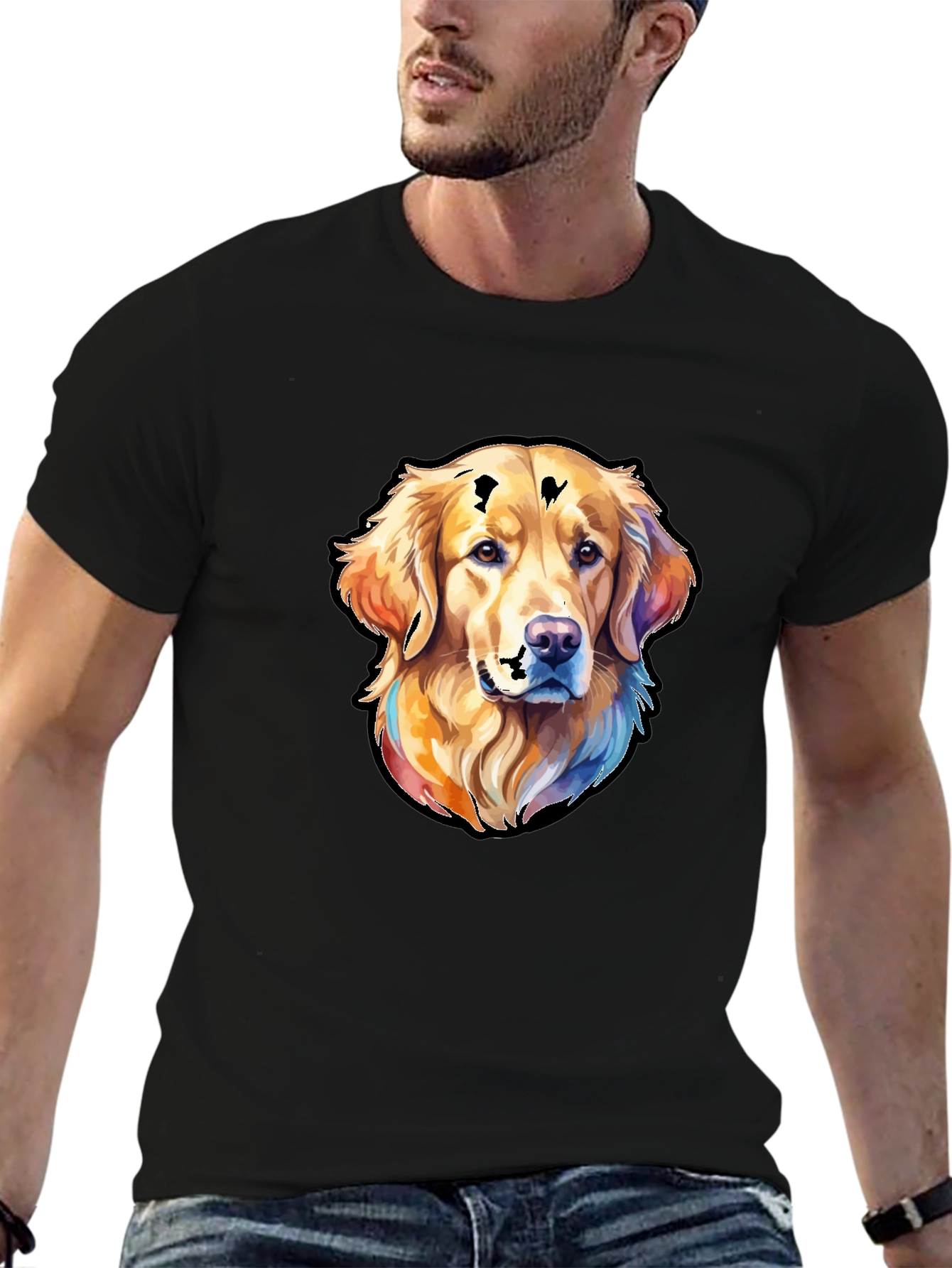 Golden Retriever Dog Graphic Tee - Black Cotton Blend