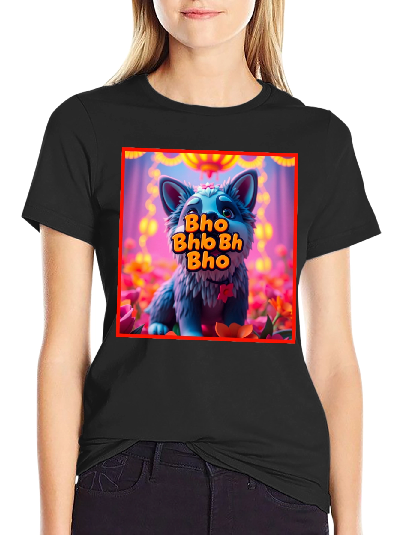 Cute Cartoon Wolf Bho Bhb Bh Bho Black T-Shirt