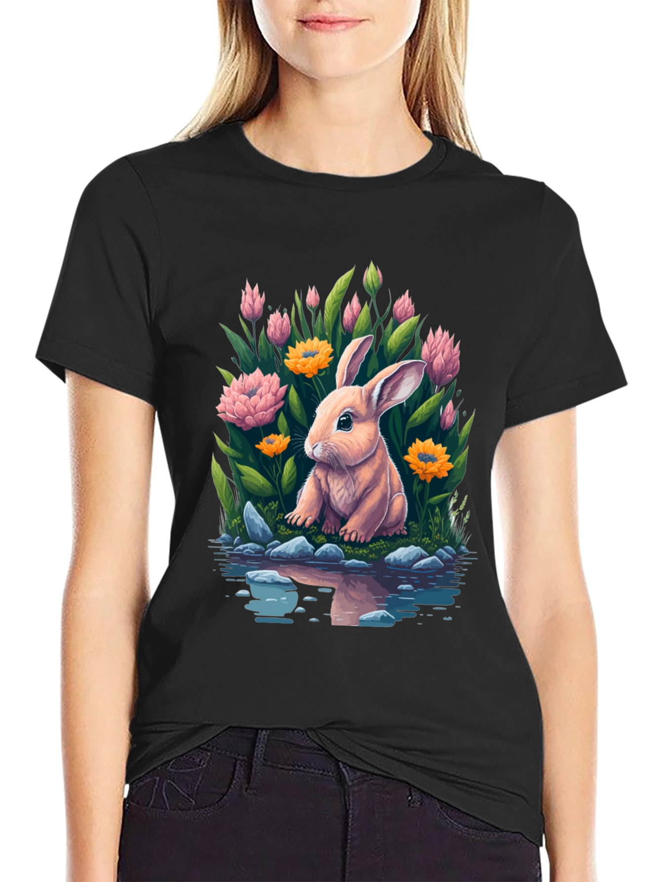 Bunny & Blooms Graphic Tee - Mens Black T-Shirt