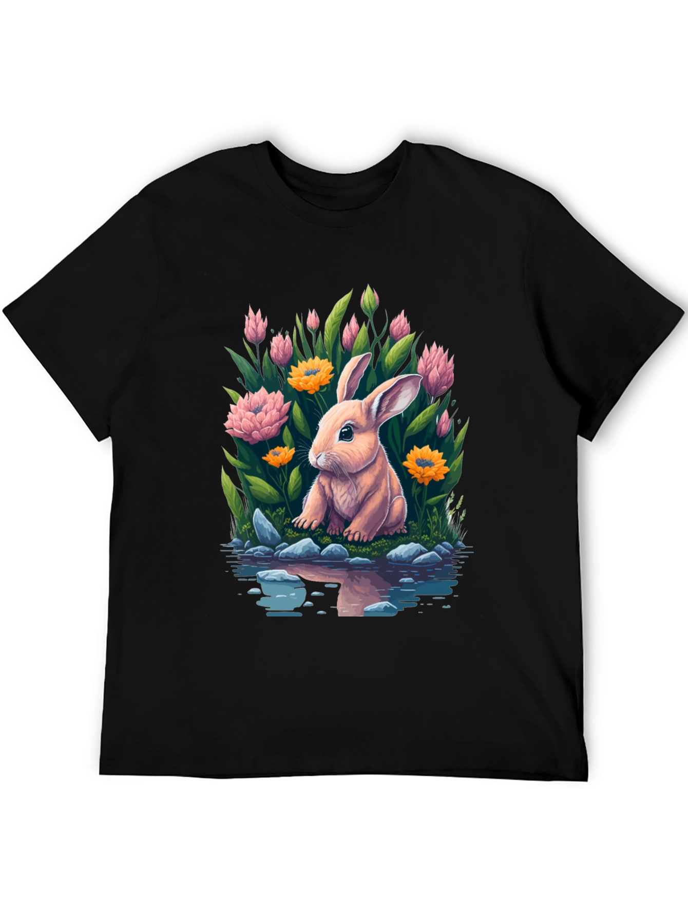 Bunny & Blooms Graphic Tee - Mens Black T-Shirt