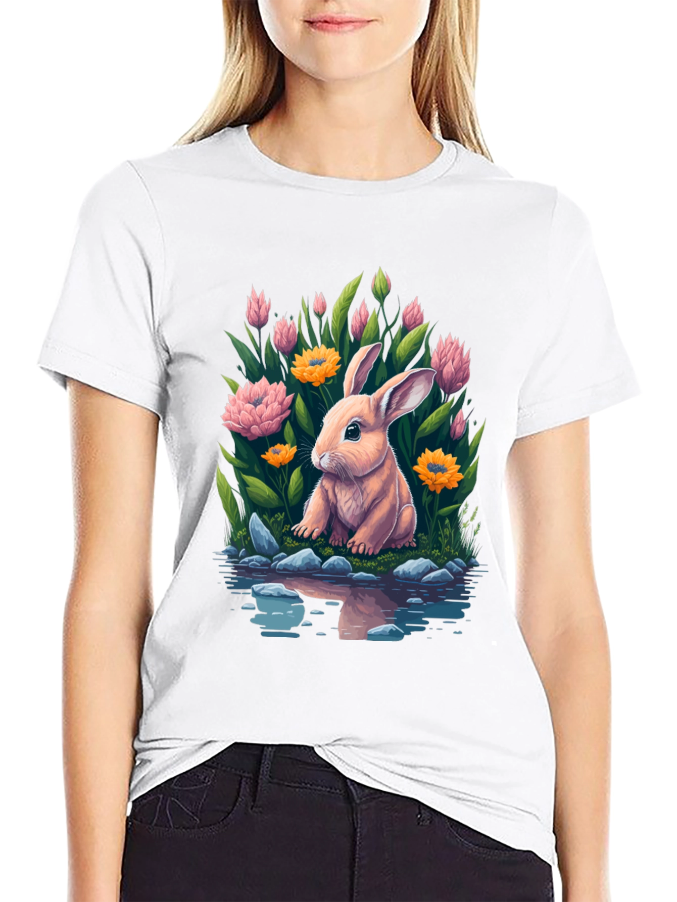 Bunny & Blooms Graphic Tee - Mens Black T-Shirt