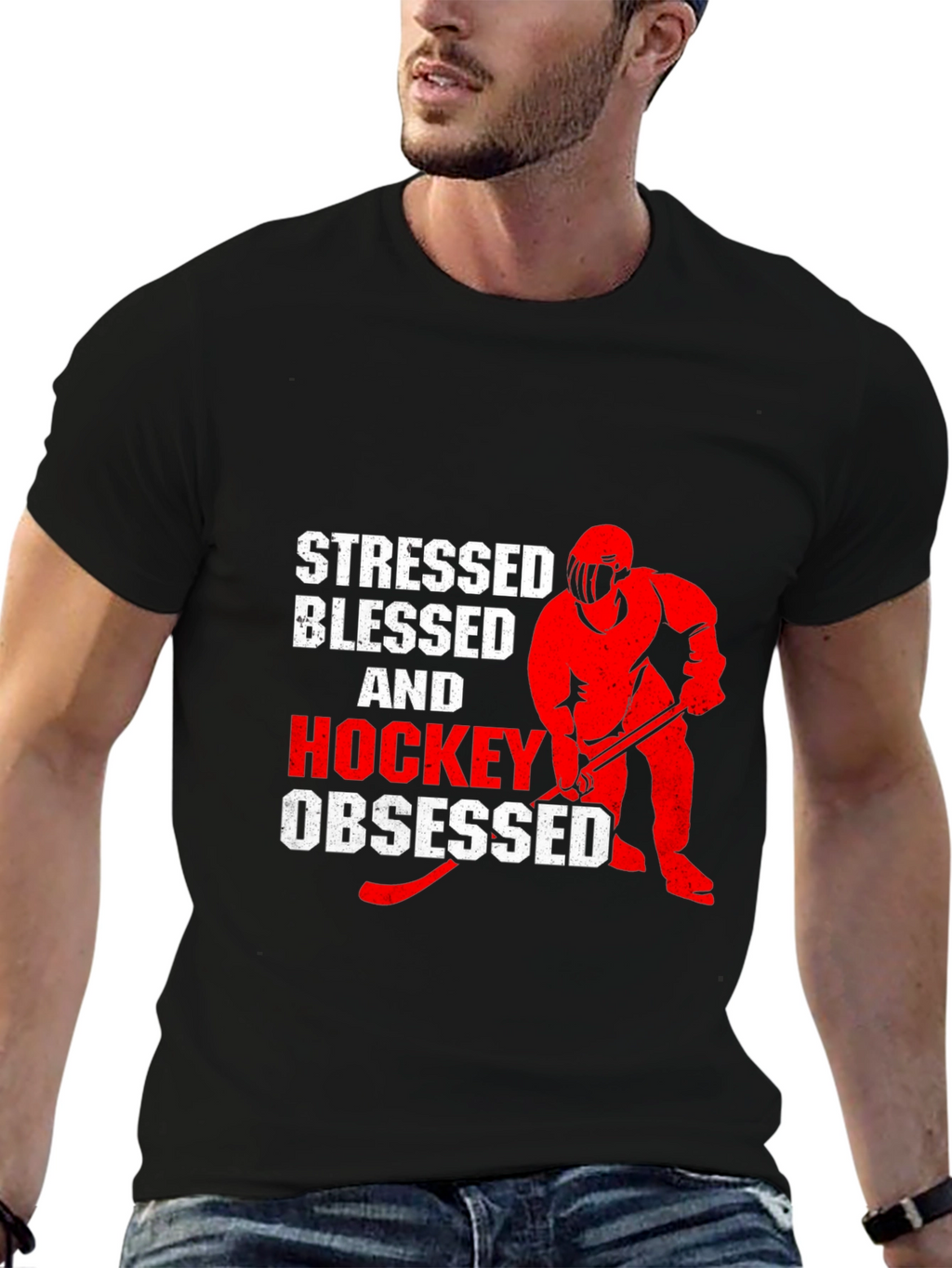 Stressed Blessed & Hockey Obsessed Black T-Shirt