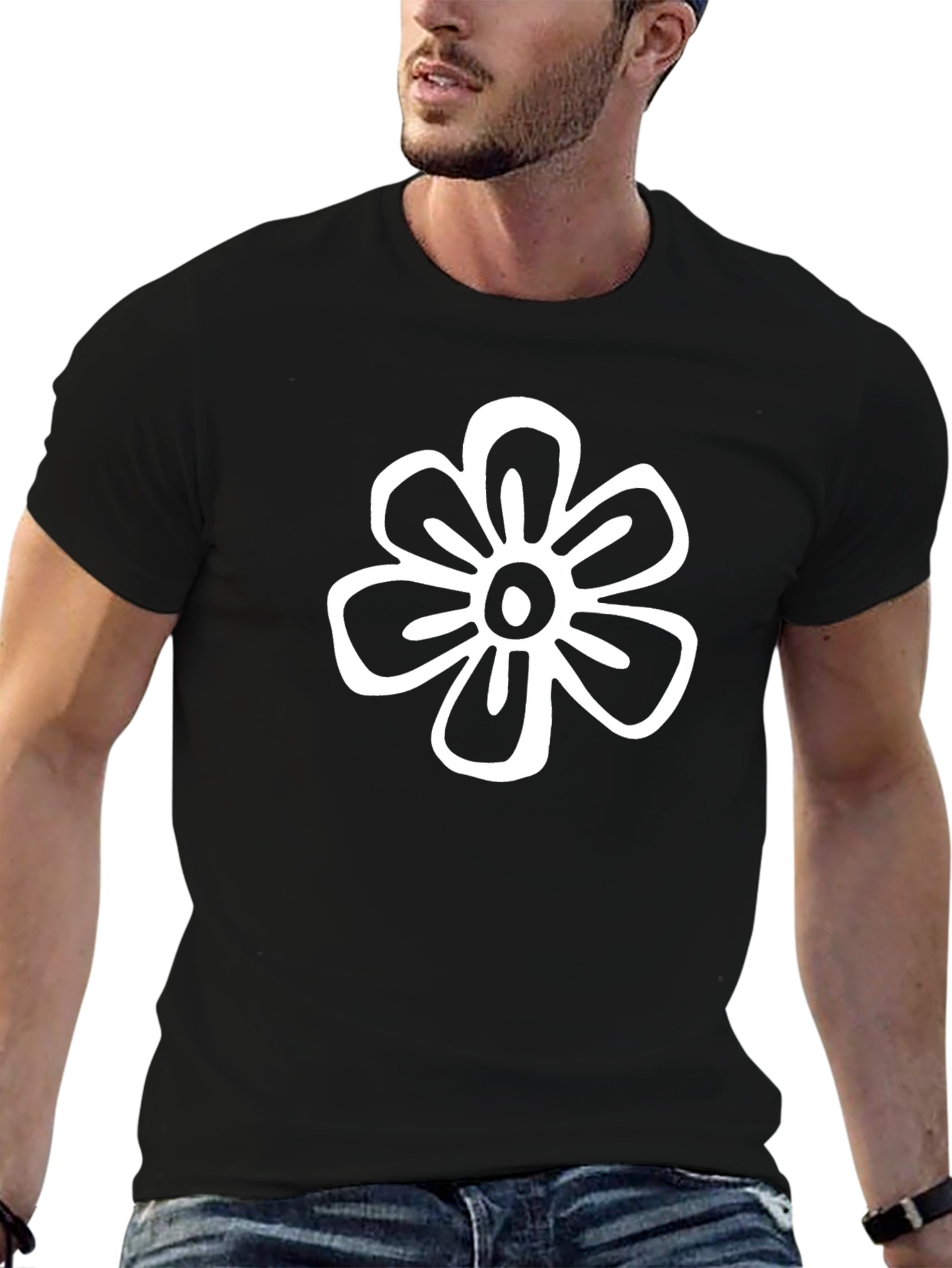 Black T-Shirt with White Flower Graphic