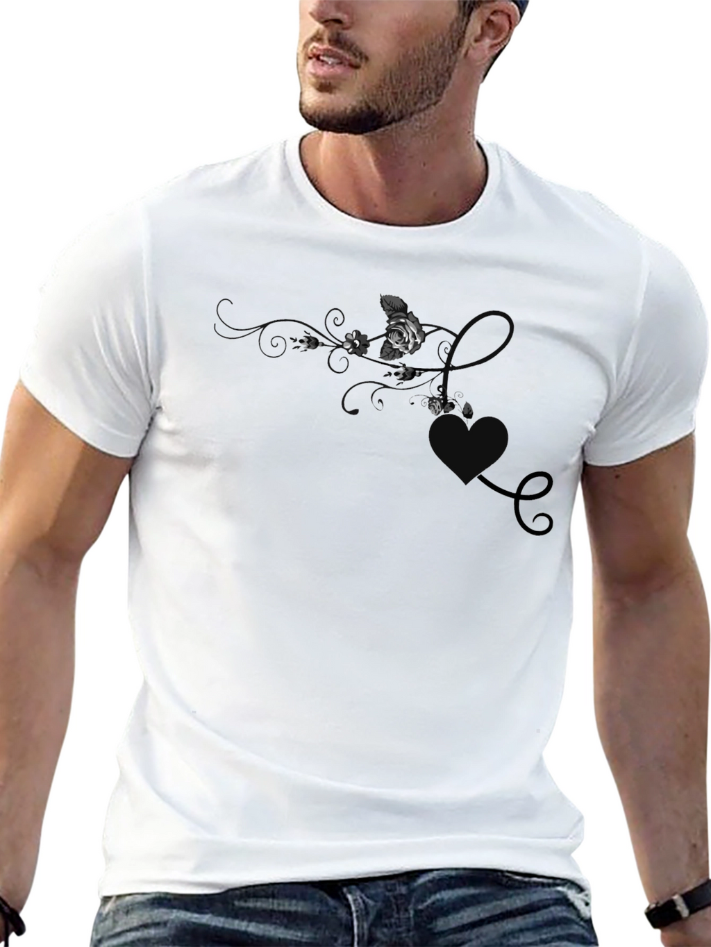 Elegant Black T-Shirt with Floral & Hearts Design