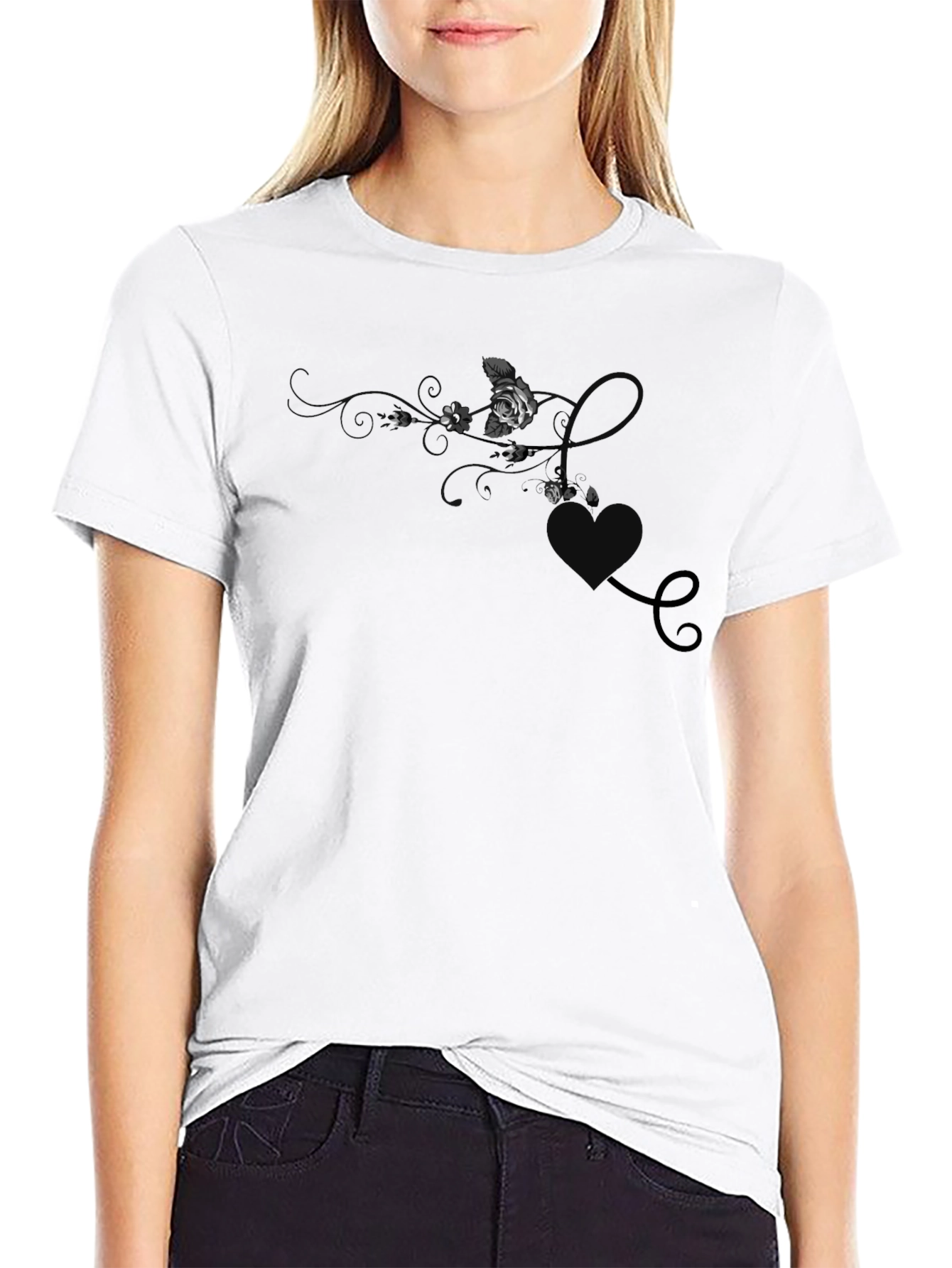 Elegant Black T-Shirt with Floral & Hearts Design