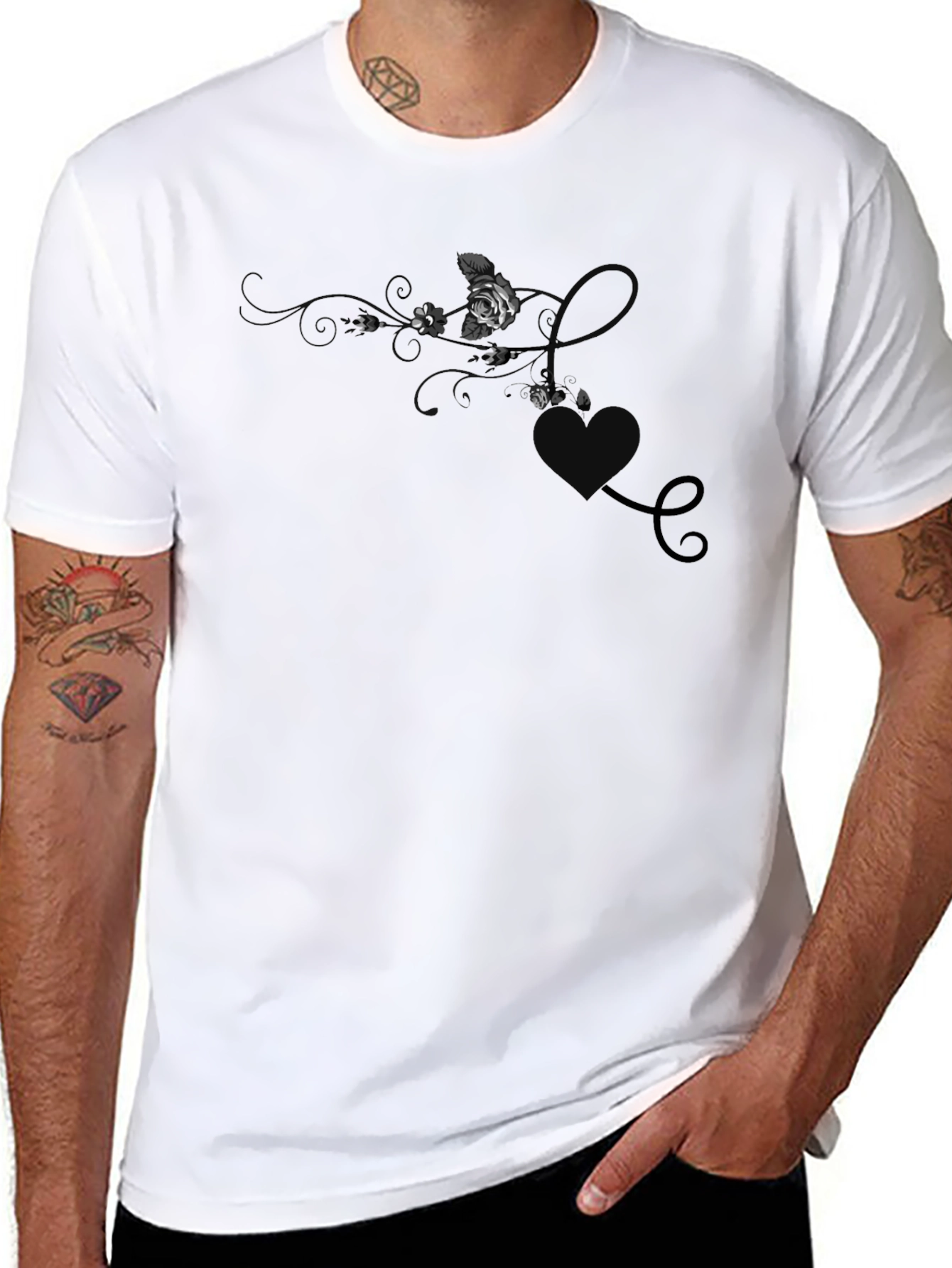 Elegant Black T-Shirt with Floral & Hearts Design