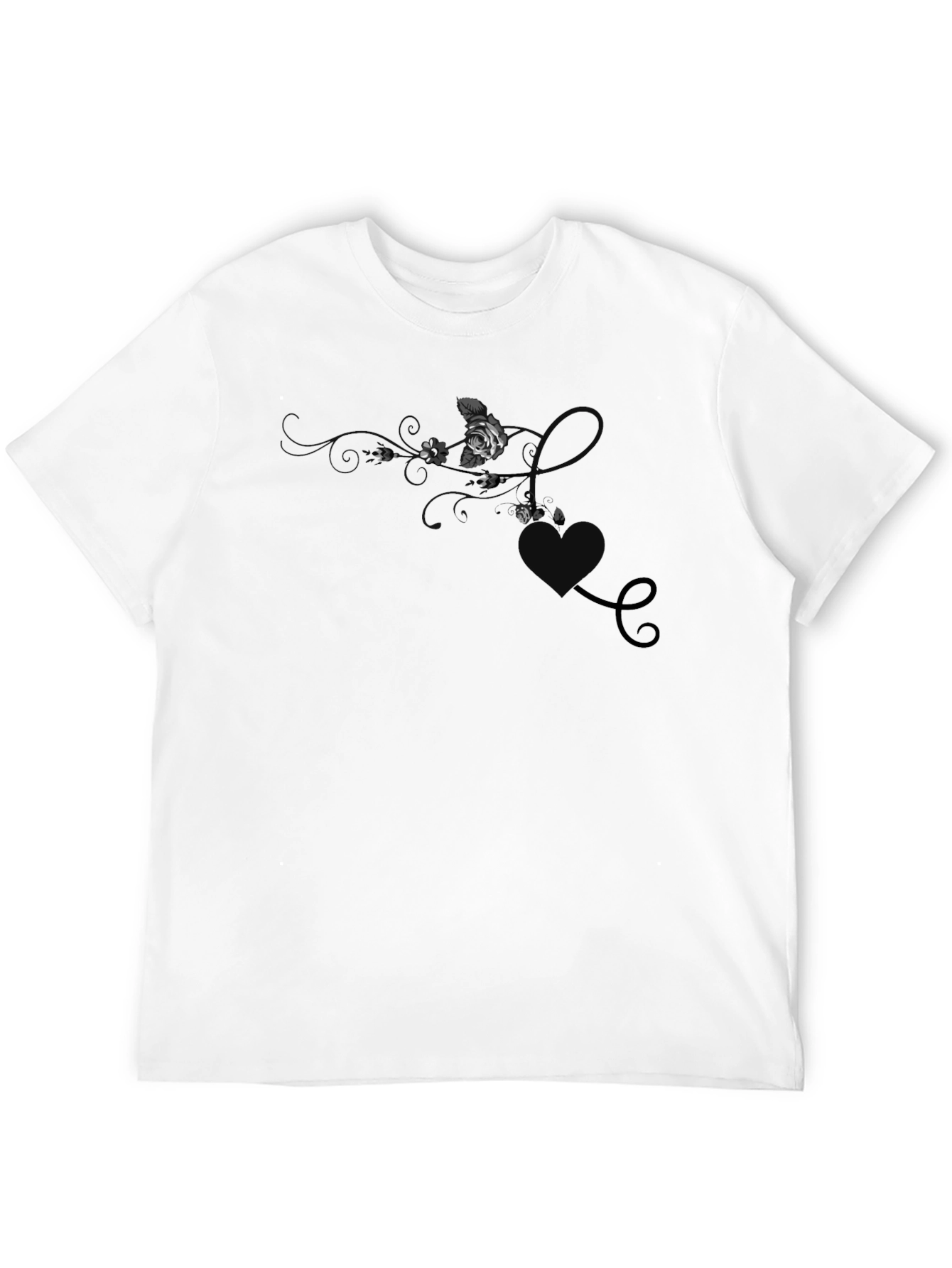 Elegant Black T-Shirt with Floral & Hearts Design
