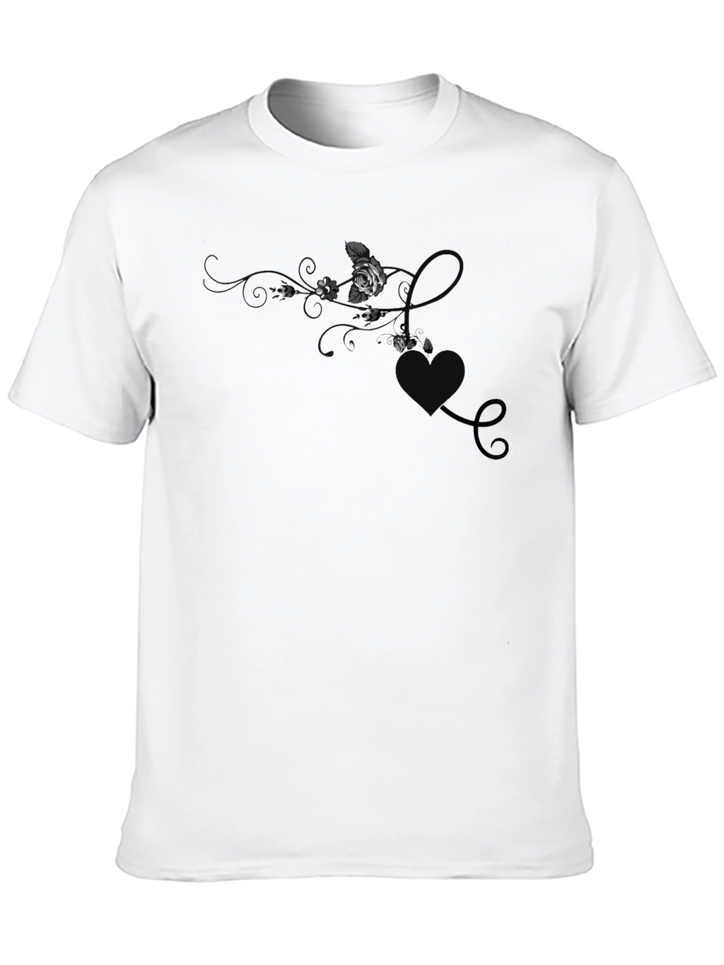 Elegant Black T-Shirt with Floral & Hearts Design