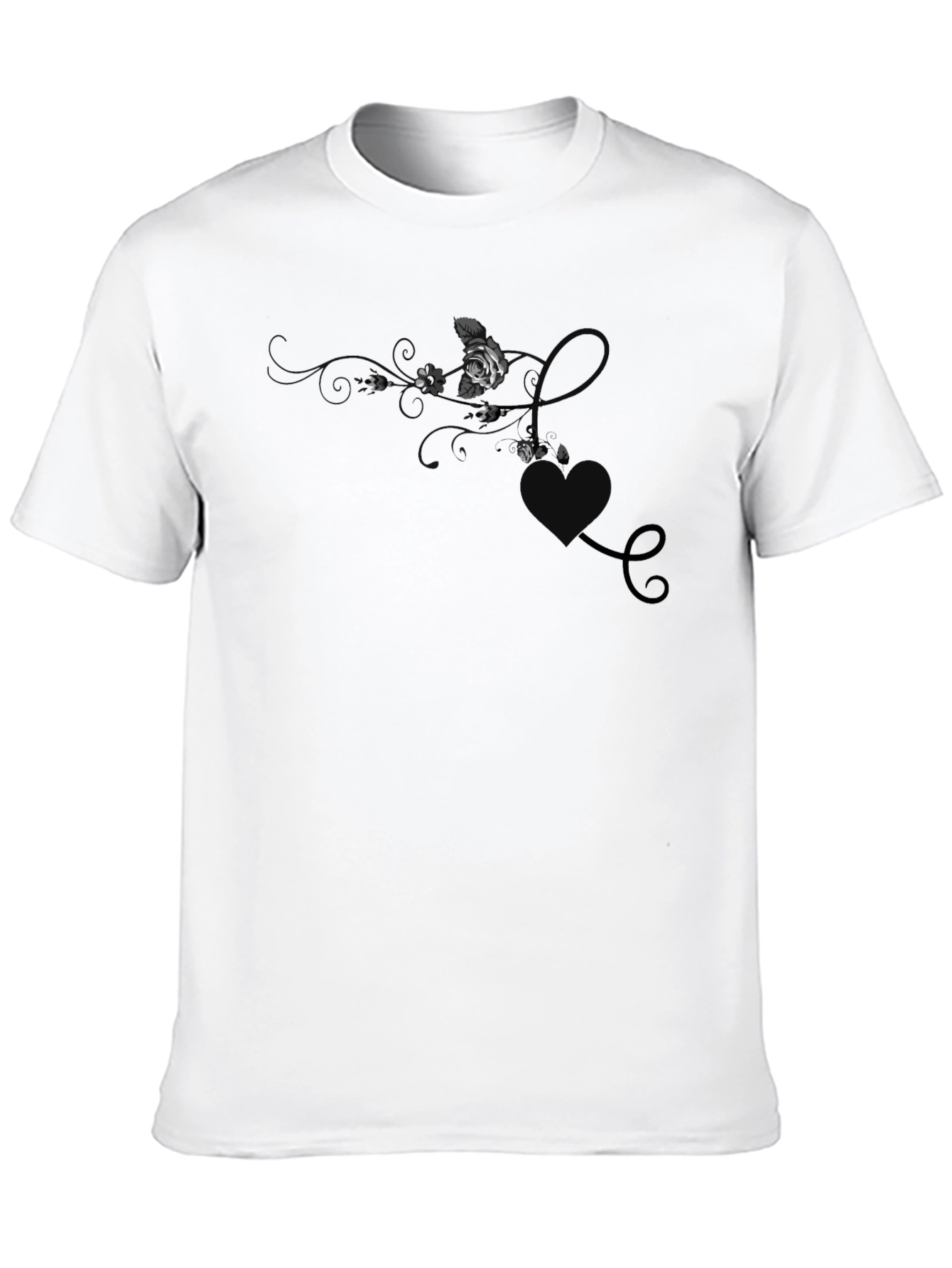 Elegant Black T-Shirt with Floral & Hearts Design