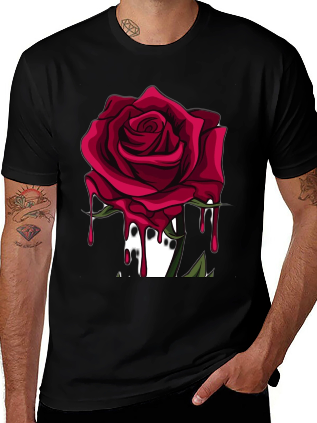 Mens Black T-Shirt with Red Rose Graphic