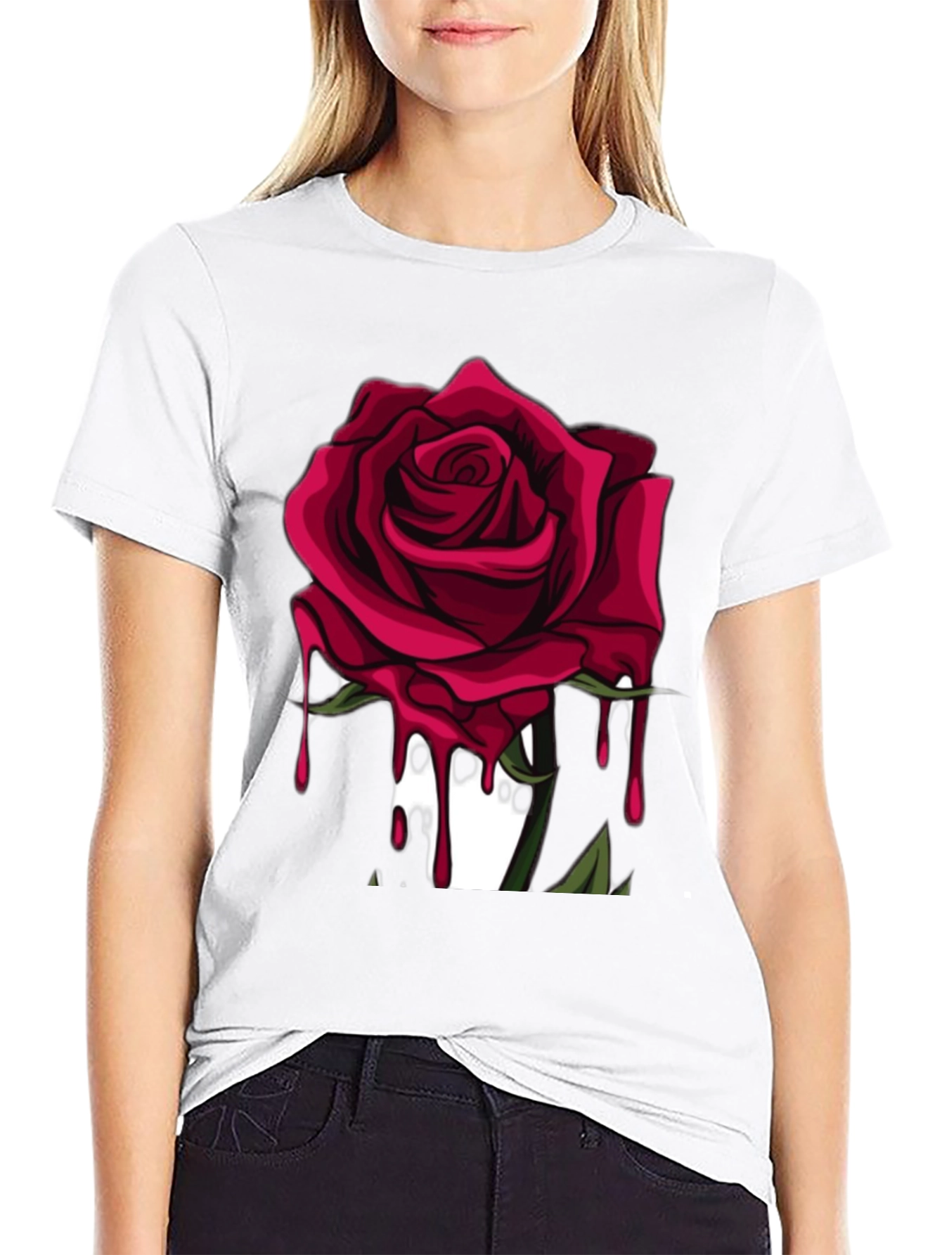 Mens Black T-Shirt with Red Rose Graphic